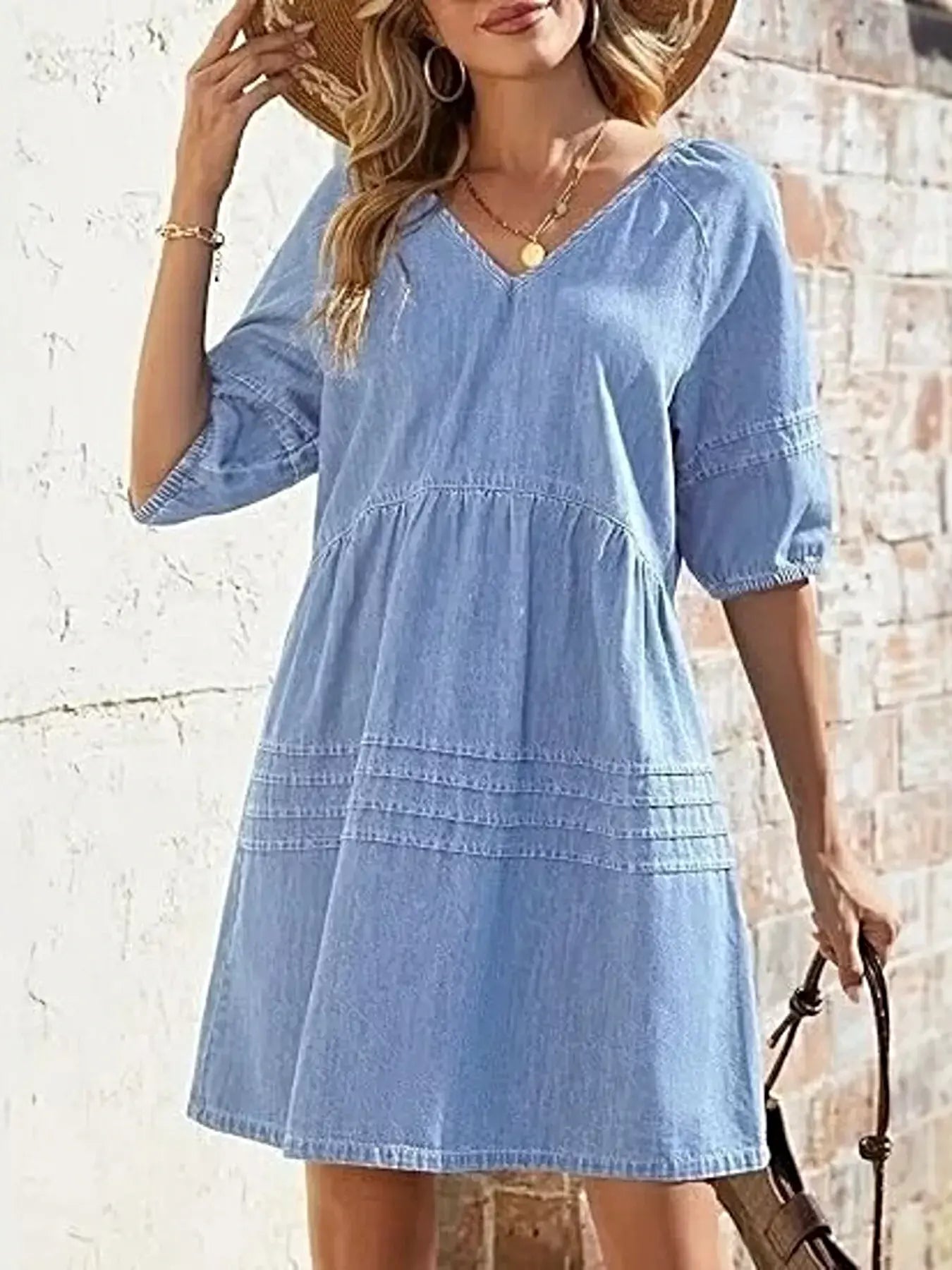 Casual V-Neck Puff Sleeve Denim Mini Dress -