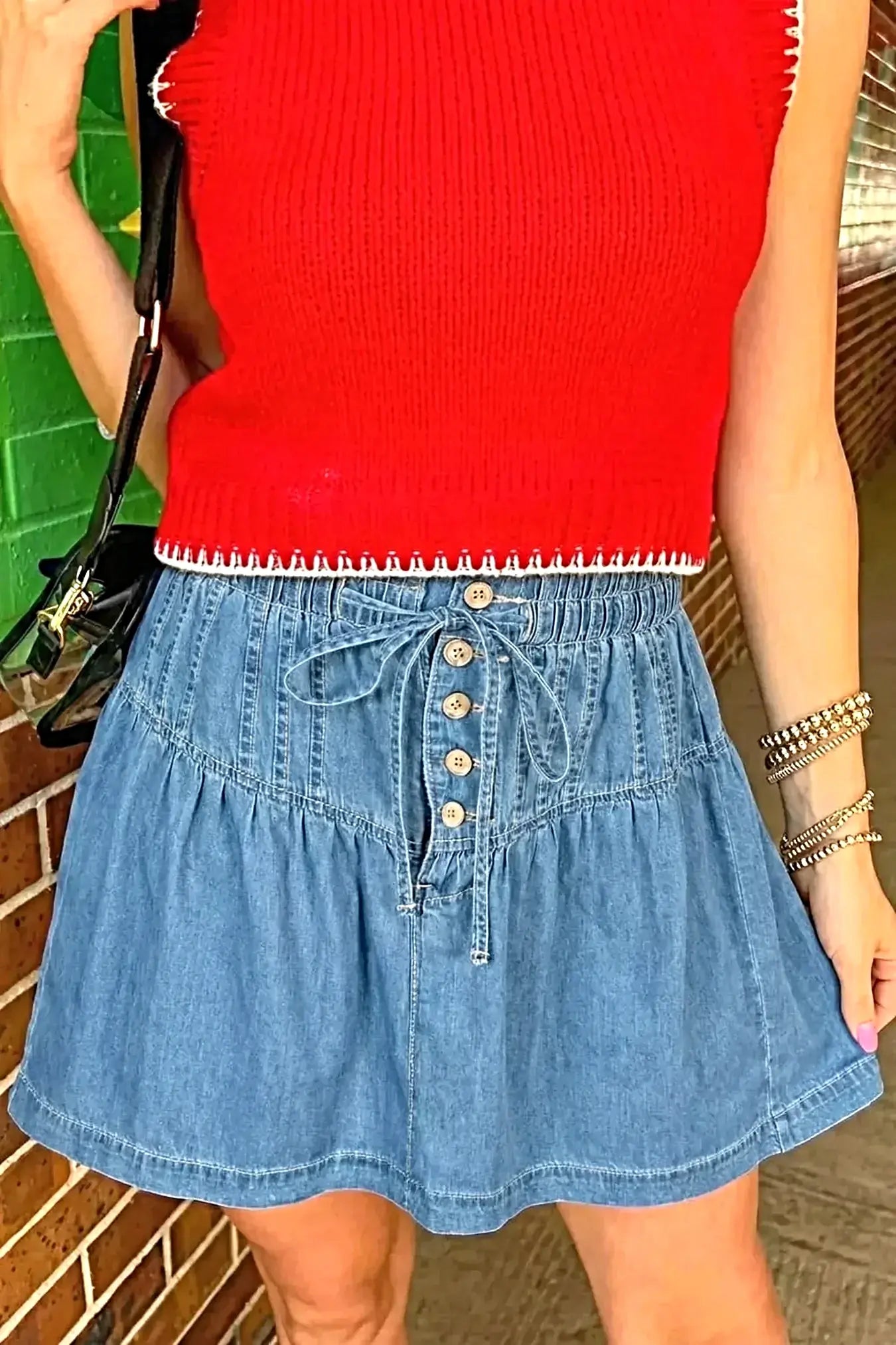 Button-Front Ruffle Hem Denim Skirt -