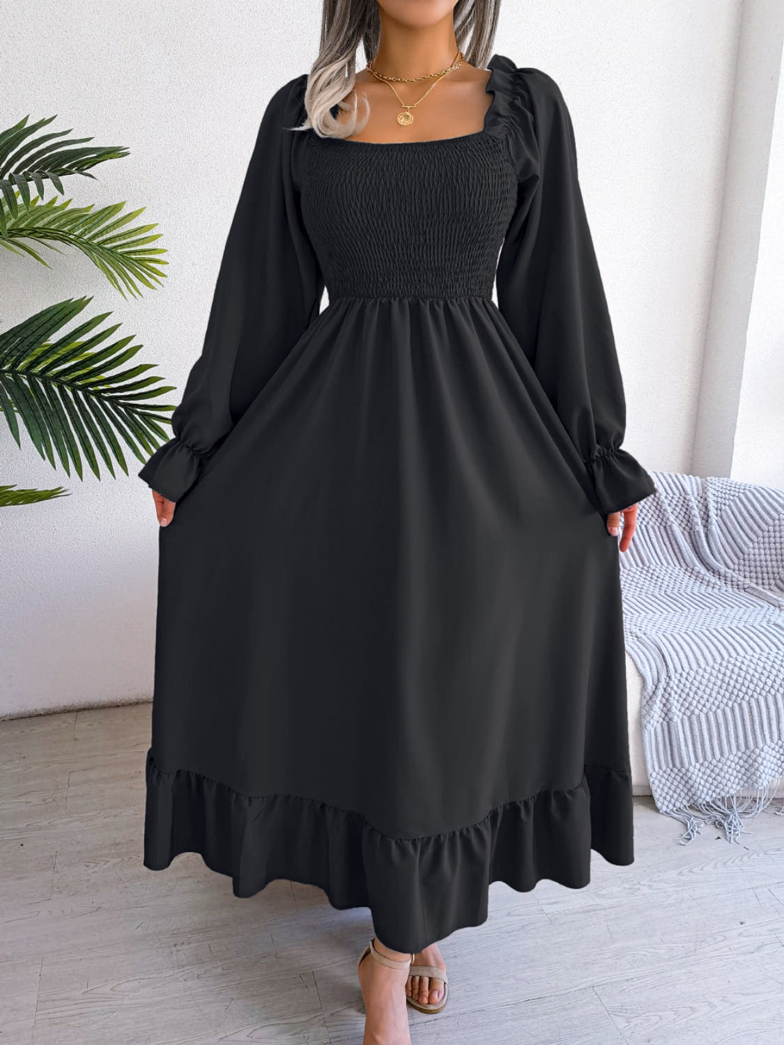 Smocked Square Neck Flounce Sleeve Dress -