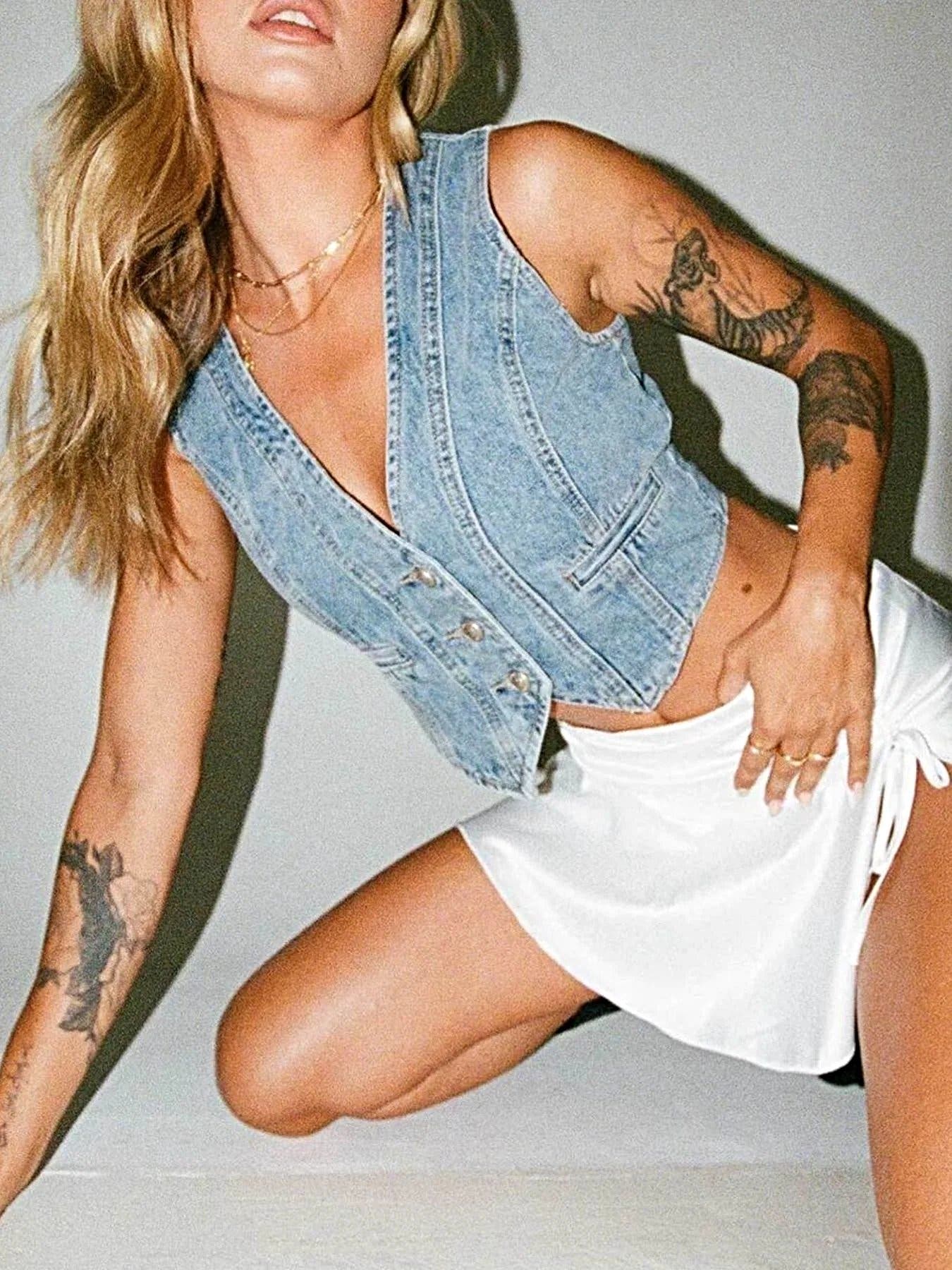 V-Neck Button Up Denim Vest -
