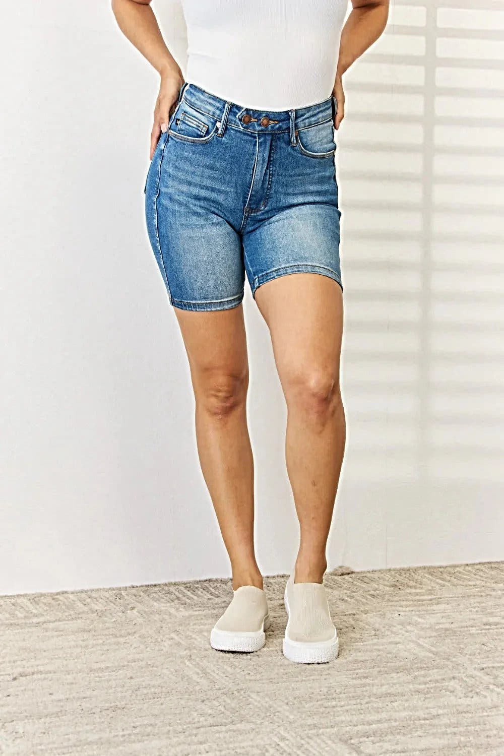 Judy Blue Tummy Control Bermuda Shorts with Double Button Design for Flattering Fit Trendsi