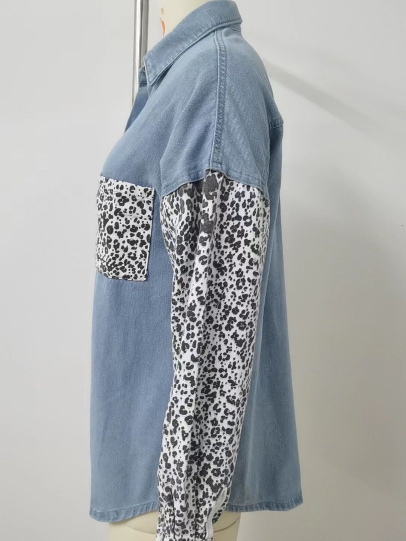 Leopard Patchwork Button Up Denim Shirt -