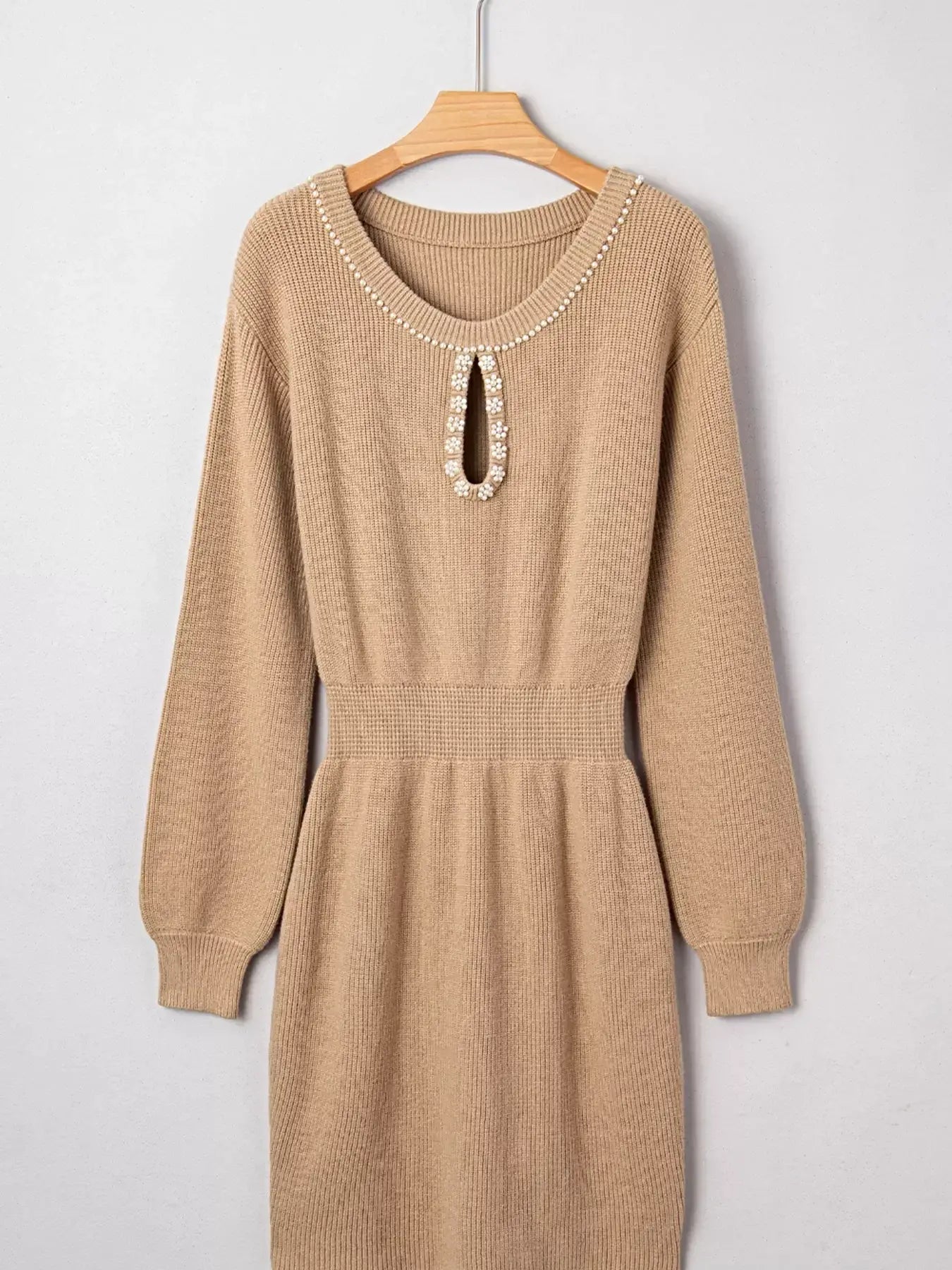 Pearl Embellished Keyhole Ribbed Sweater Dress -