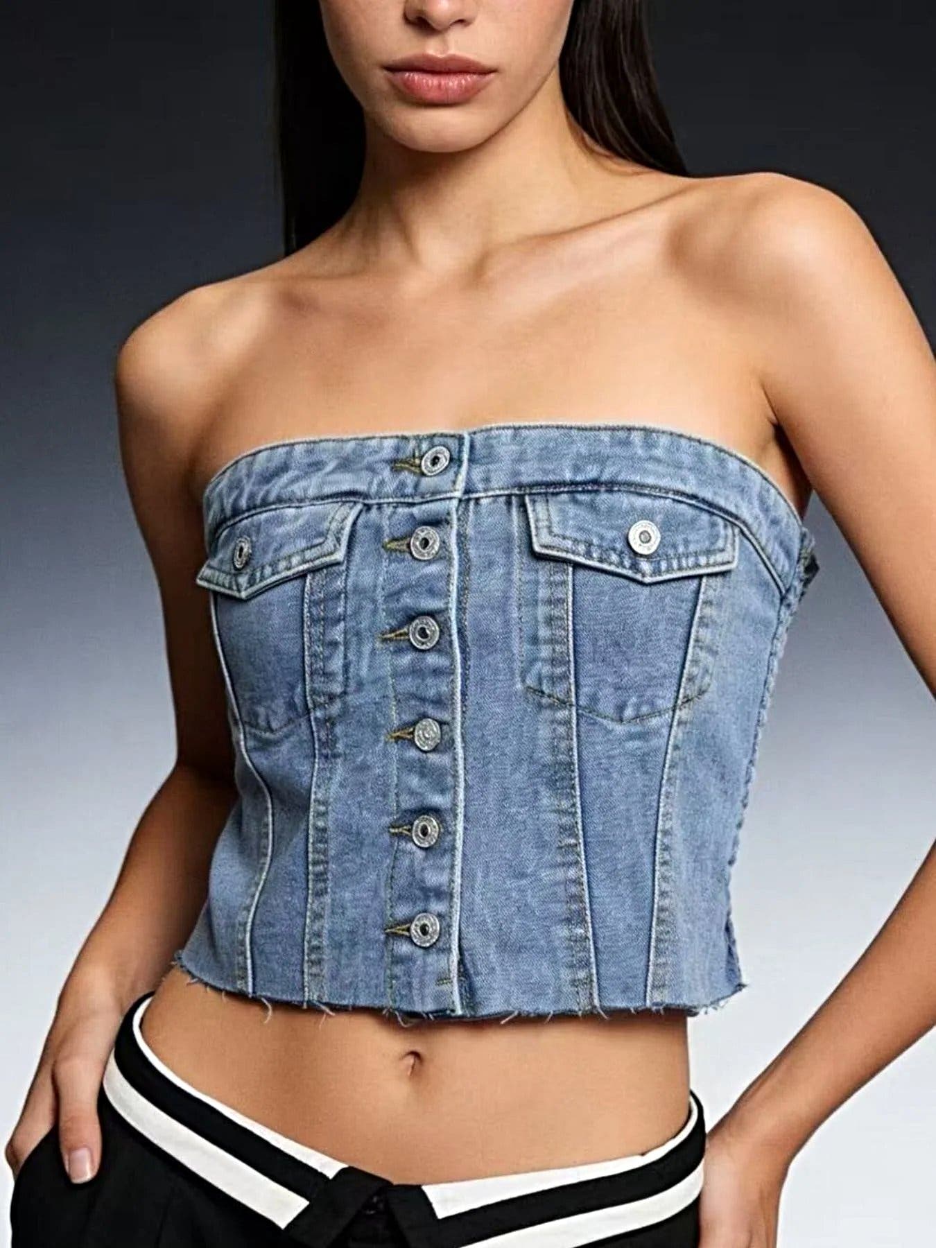 Button-Front Strapless Denim Top -