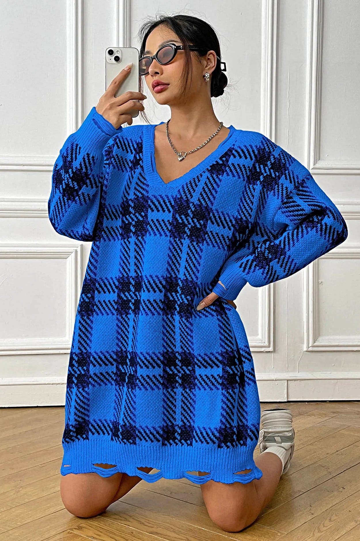Plaid V-Neck Long Sleeve Sweater Dress -
