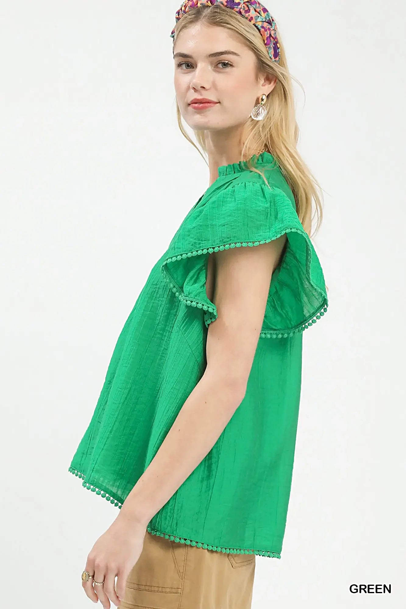 Umgee Flutter Sleeve Relaxed Top with Trim Detail -