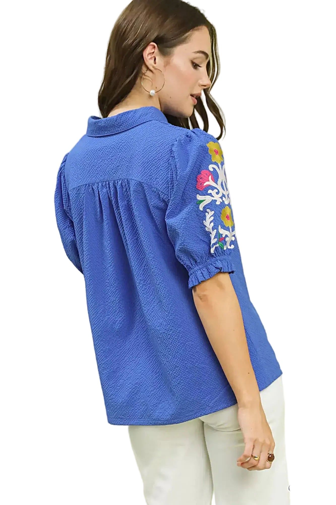 Umgee Seersucker Embroidered Sleeve Blouse -