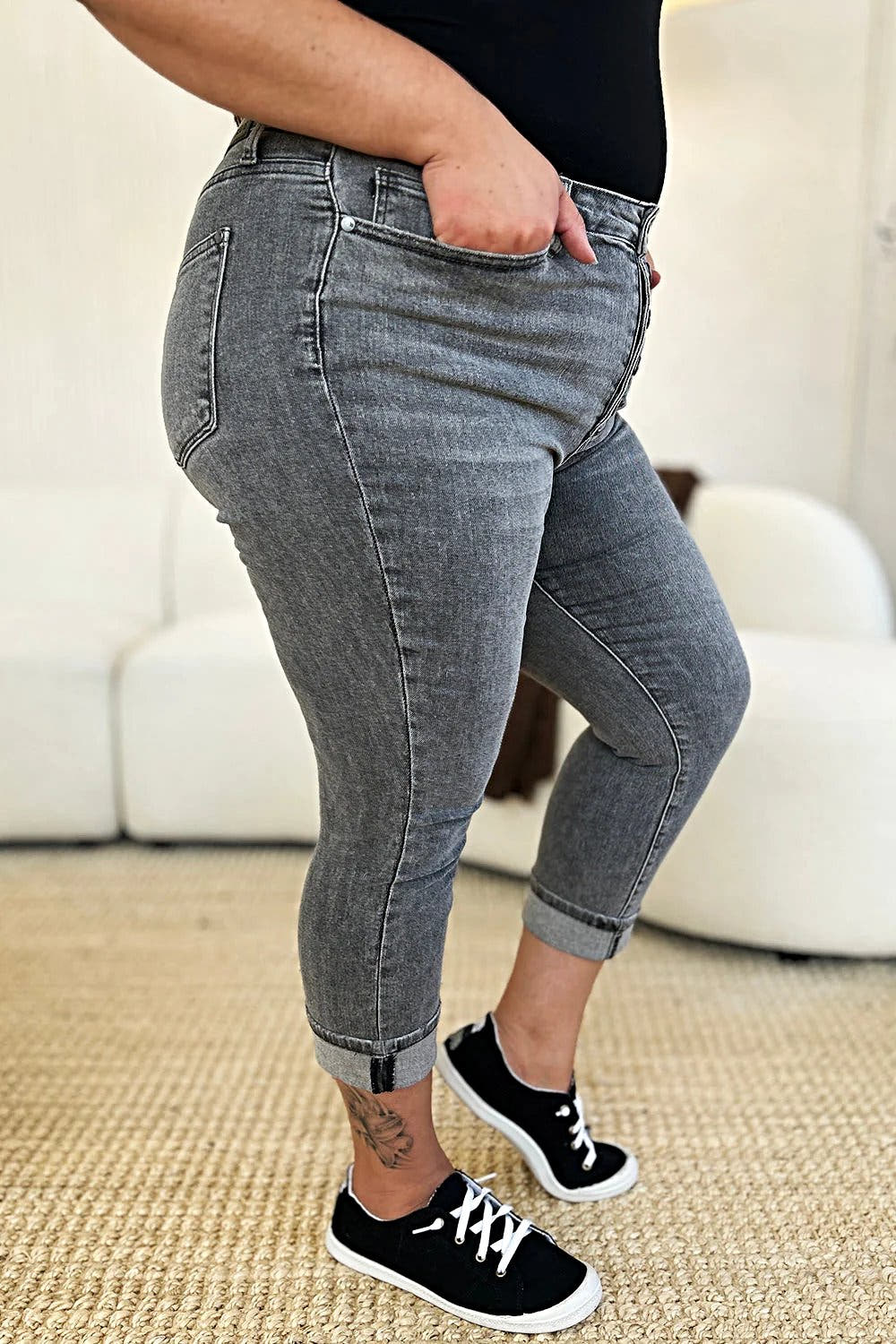 Judy Blue Full Size Button Fly High Waist Cuffed Capris -
