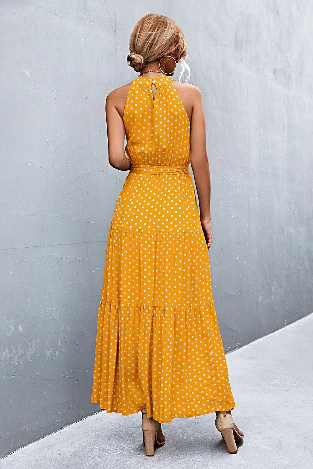 Grecian Printed Tie Waist Maxi Dress with Sleeveless Design and Polka Dot Floral Pattern Trendsi
