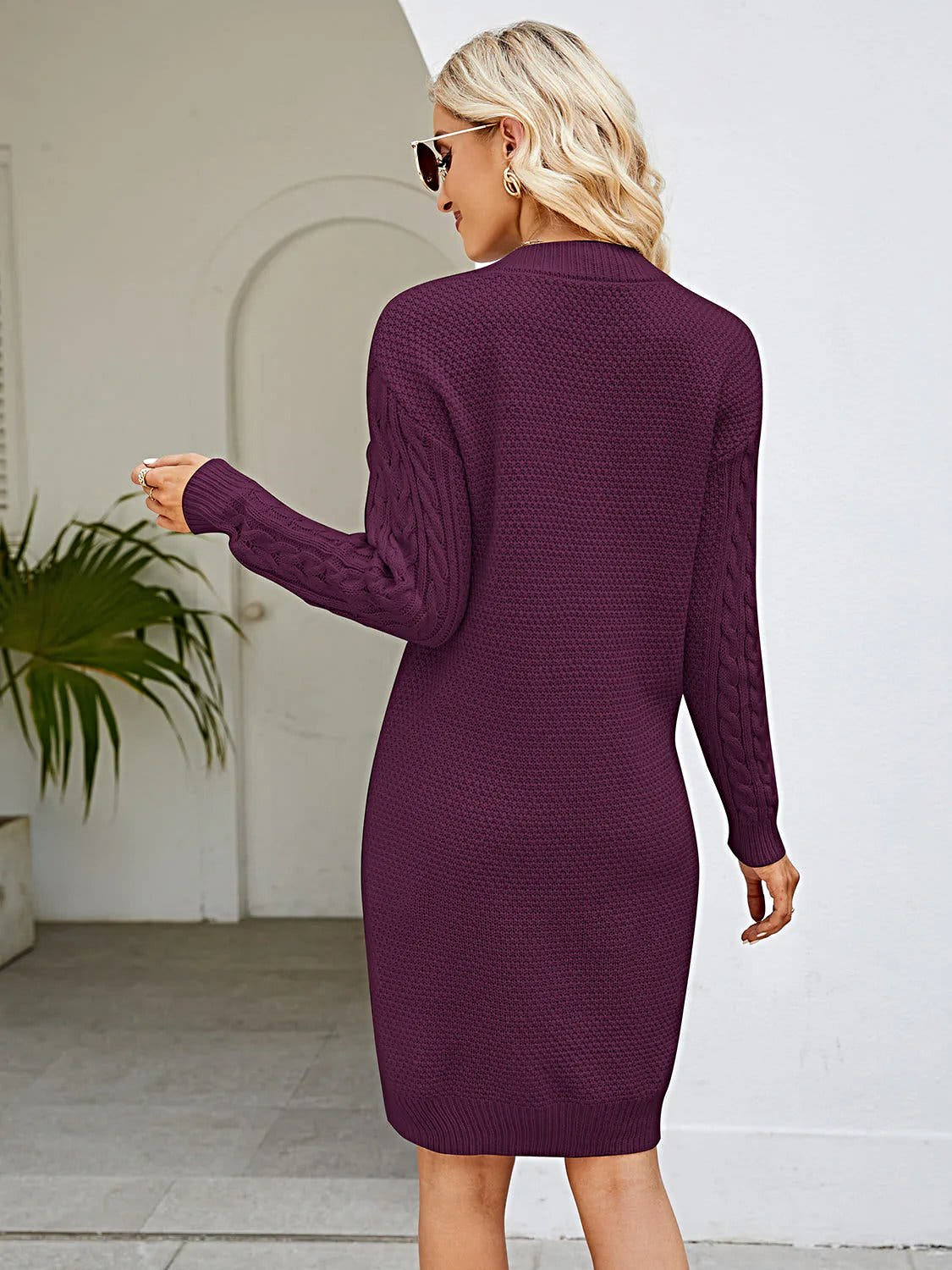 Elegant Cable Knit Sweater Dress - V-Neck Design, Slightly Stretchy, 100% Acrylic Trendsi