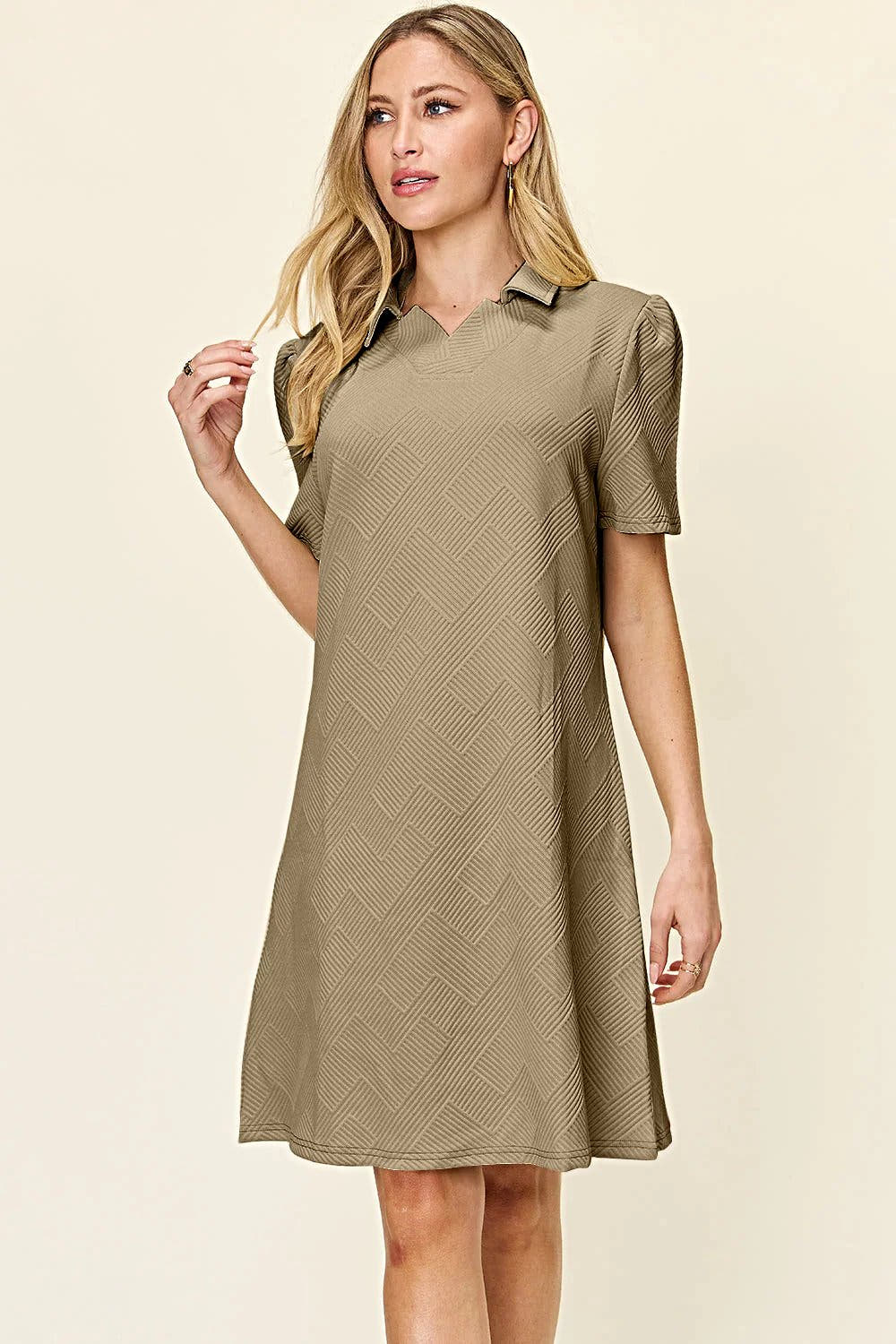 Elegant Double Take Short Sleeve Collar Dress - Textured Opaque Design, Slightly Stretchy, Machine Washable Trendsi