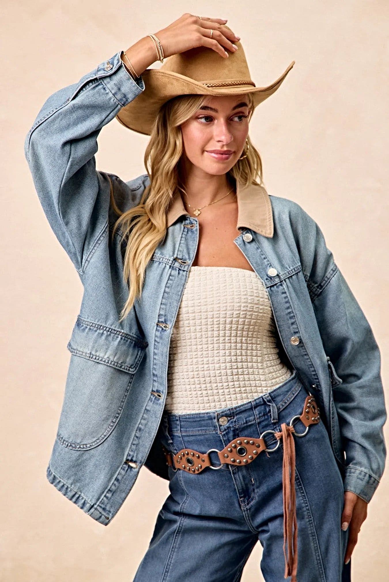 BiBi Washed Denim Jacket with Contrast Collar Detail -
