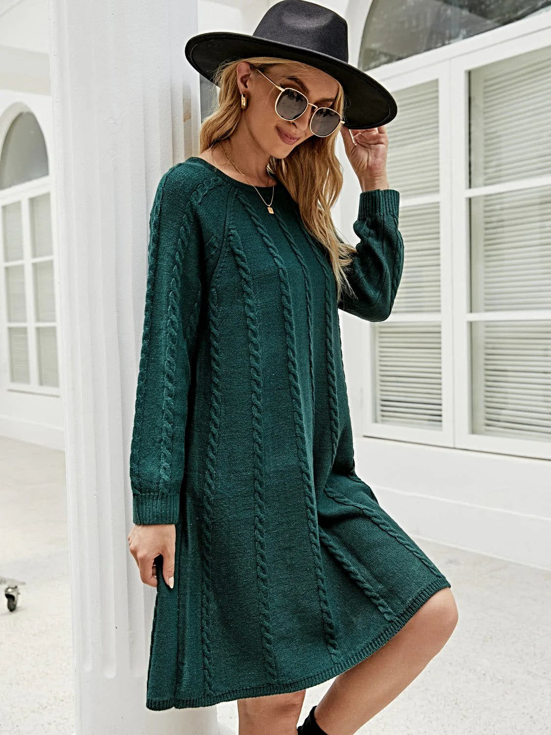 Cable Knit Sweater Dress for Women - Soft Acrylic, Slightly Stretchy, Long Sleeve - Trendy Style Trendsi