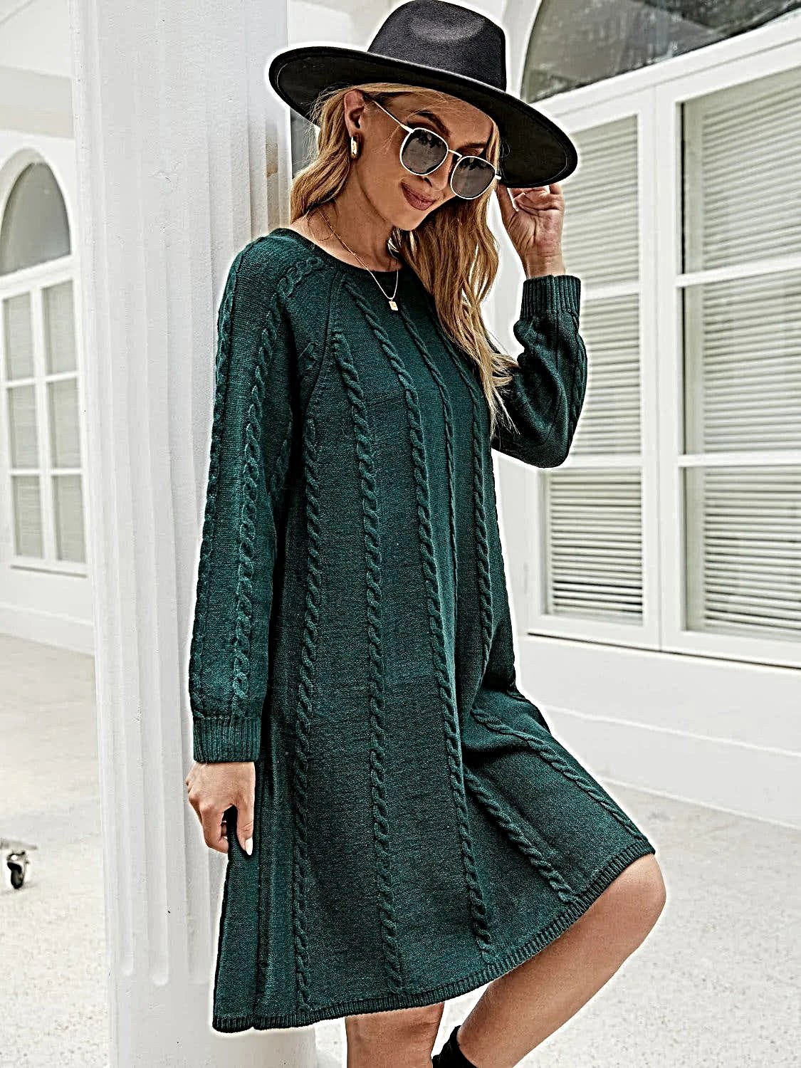 Cable Knit Sweater Dress for Women - Soft Acrylic, Slightly Stretchy, Long Sleeve - Trendy Style -