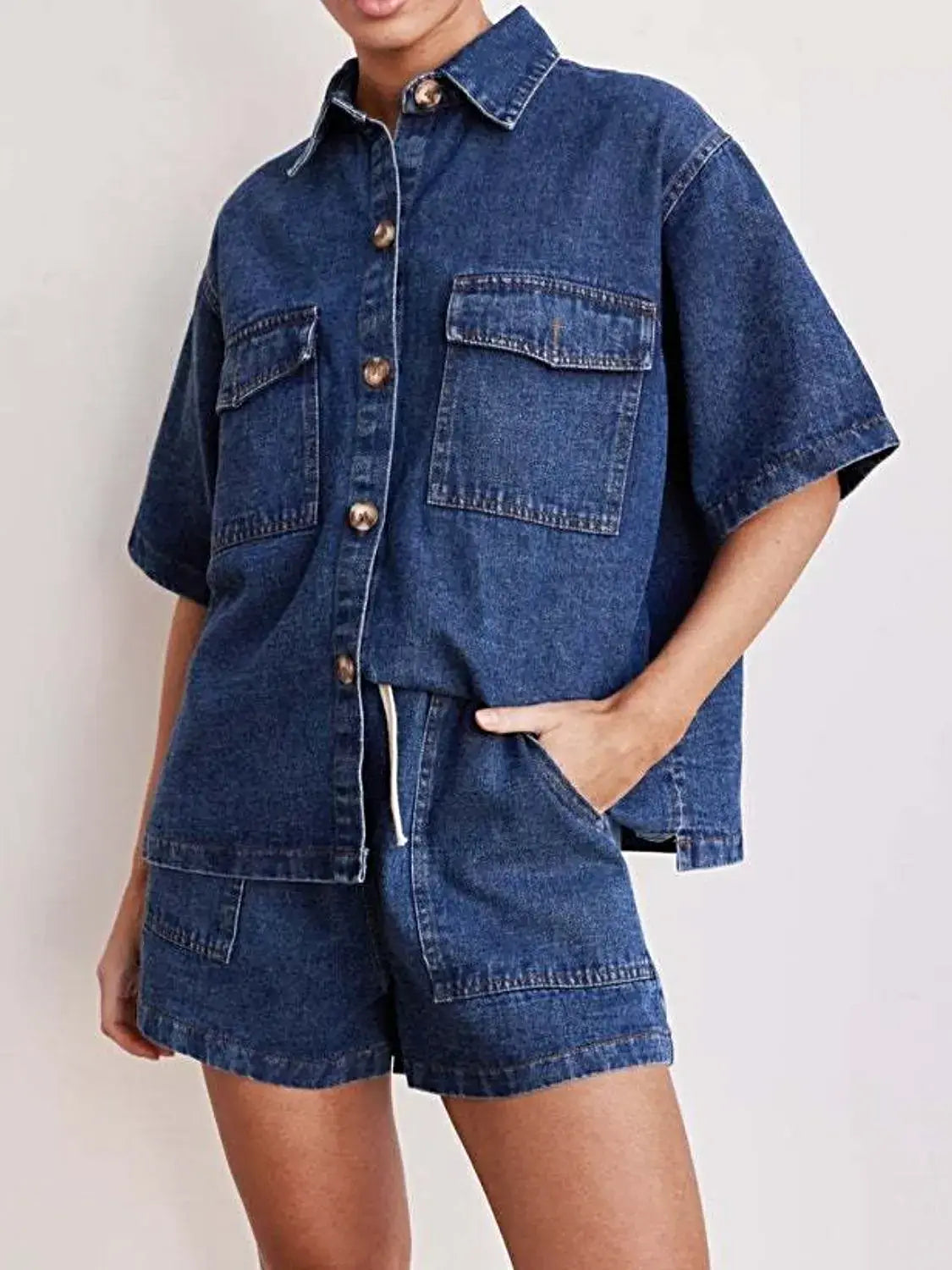 Button Up Short Sleeve Top and Shorts Denim Set -