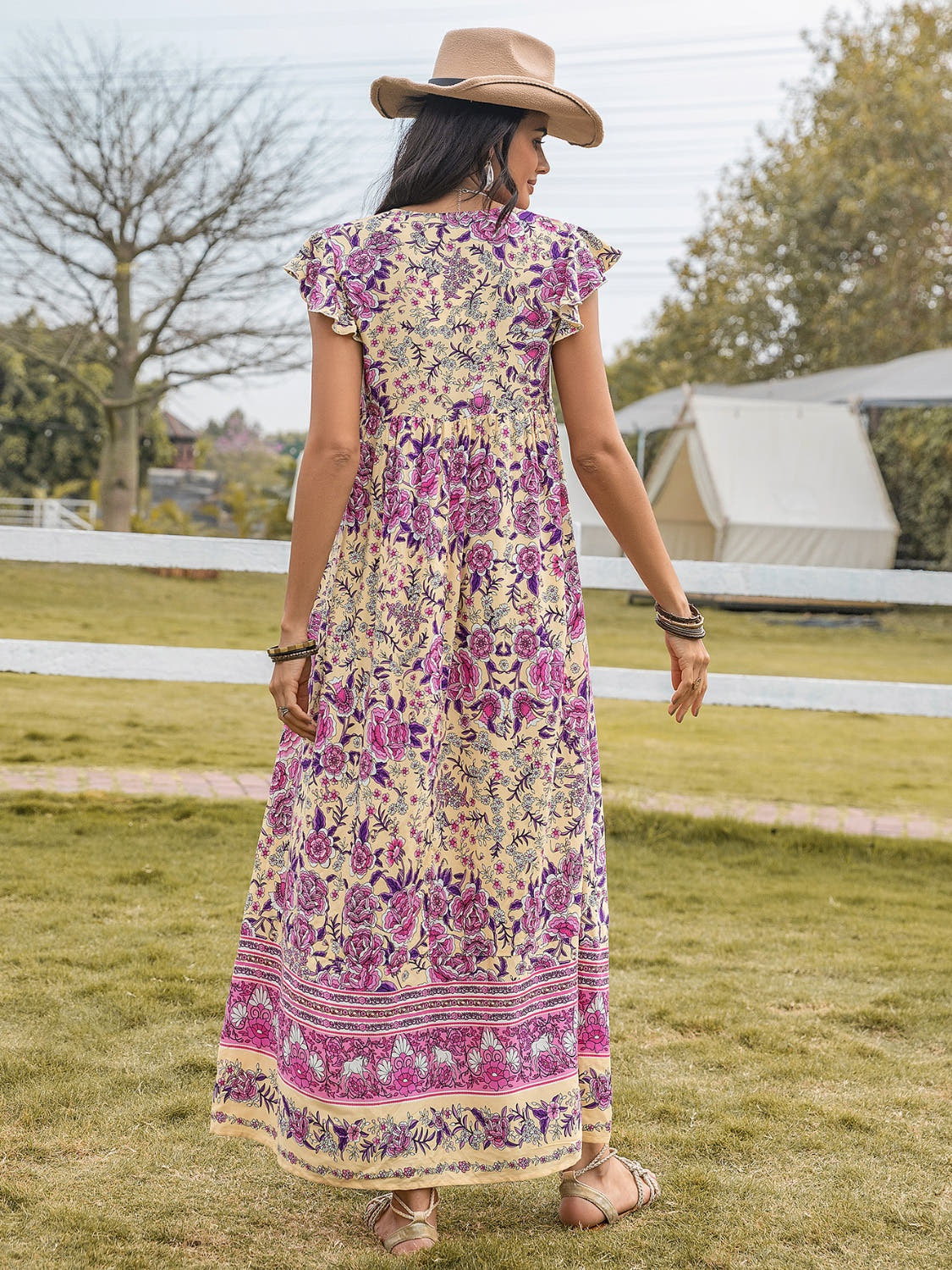 Ruffled Printed Tie Neck Cap Sleeve Dress -