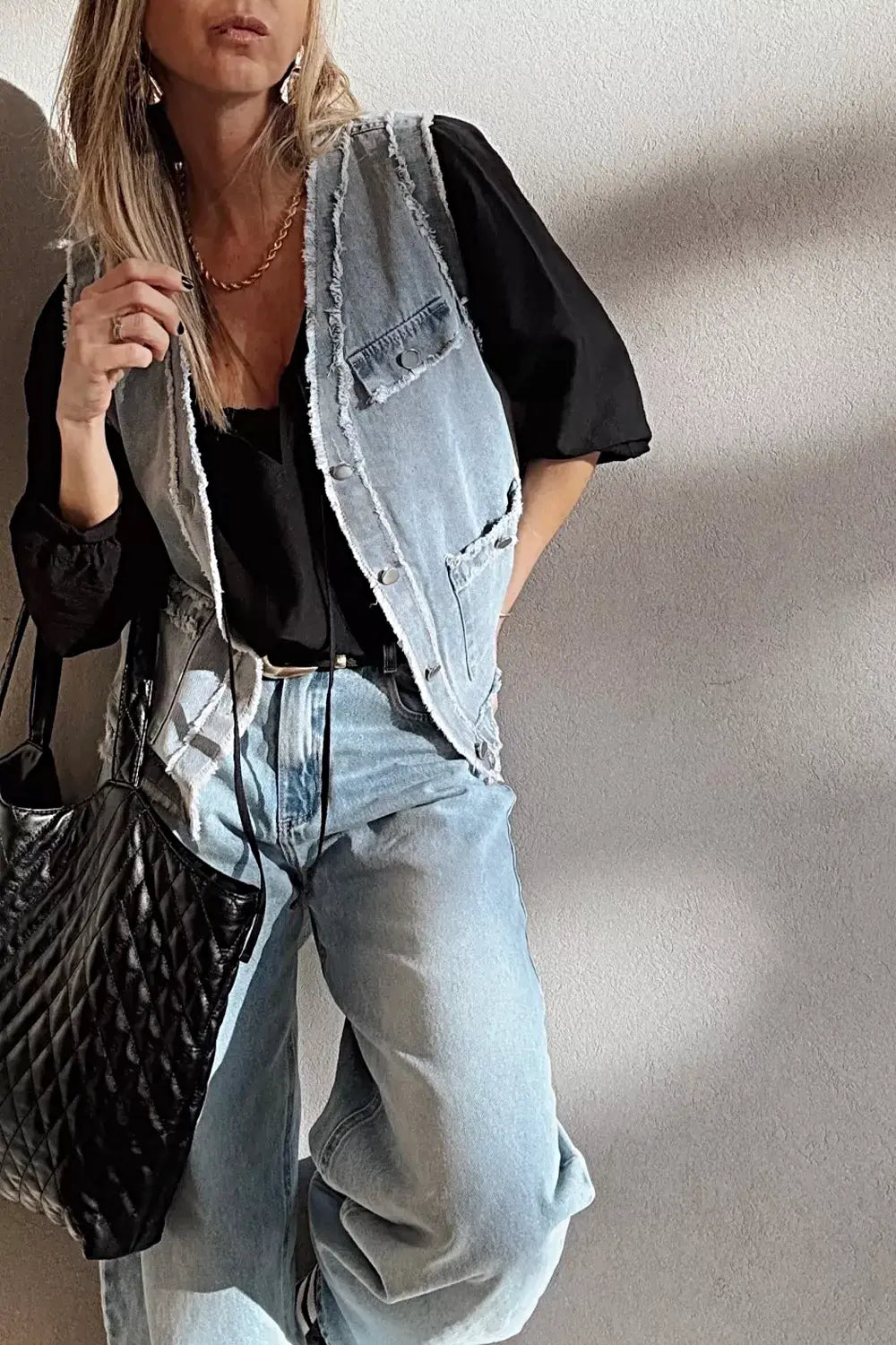 Frayed Edge Flap Pockets Denim Vest Jacket -