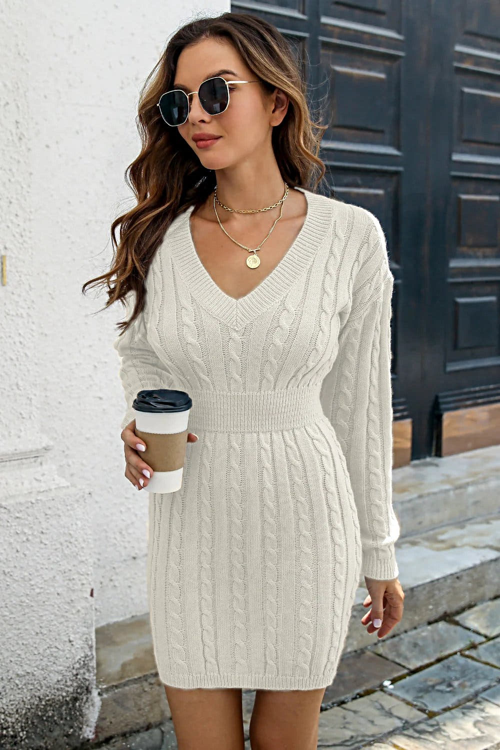 Stylish V-Neck Sweater Dress - Cable-Knit Long Sleeve Mini Dress in 100% Acrylic Trendsi