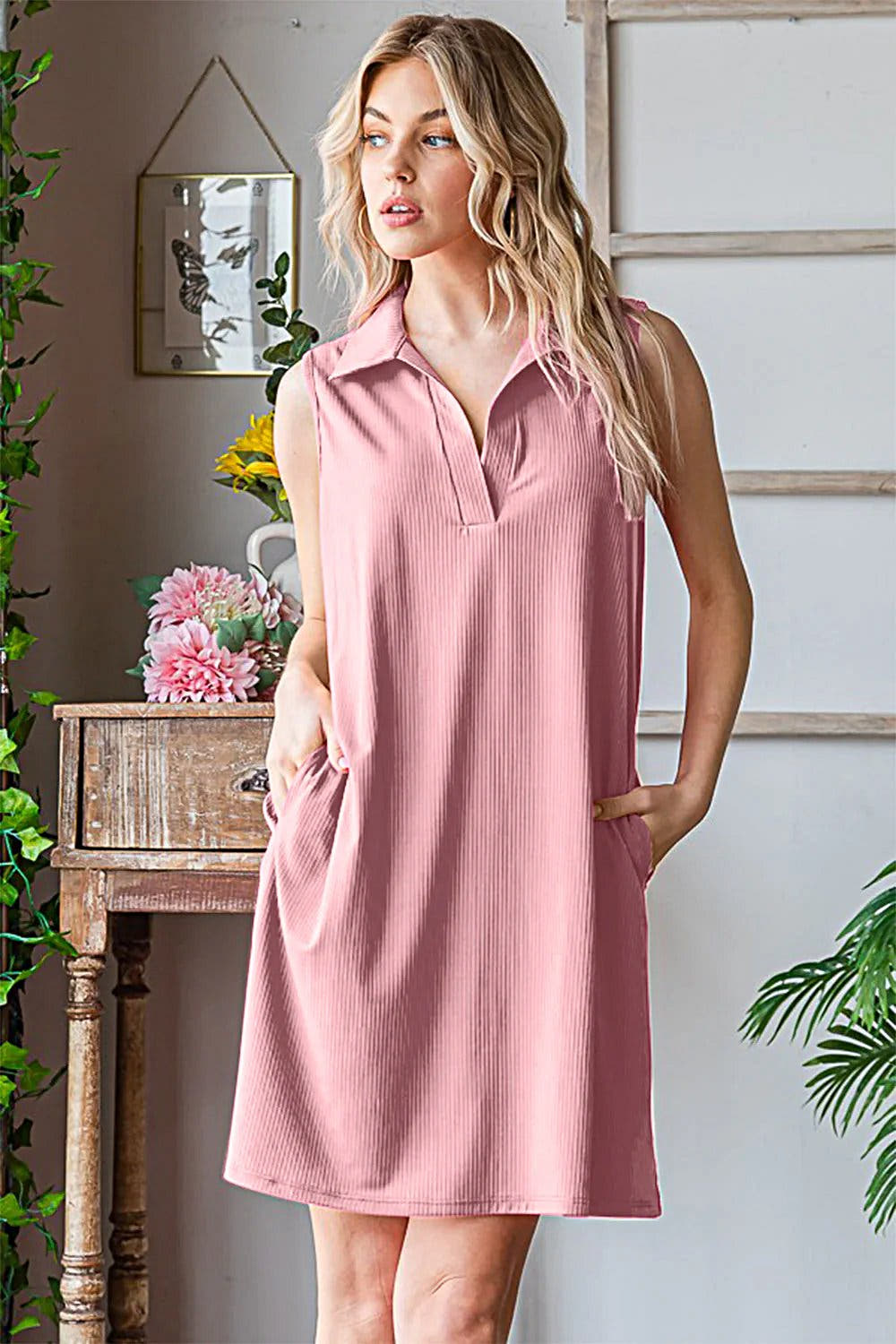 Heimish Full Size Ribbed Johnny Collar Sleeveless Dress -