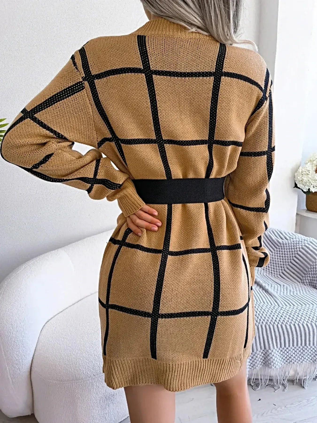 Plaid Round Neck Dropped Shoulder Sweater Dress -