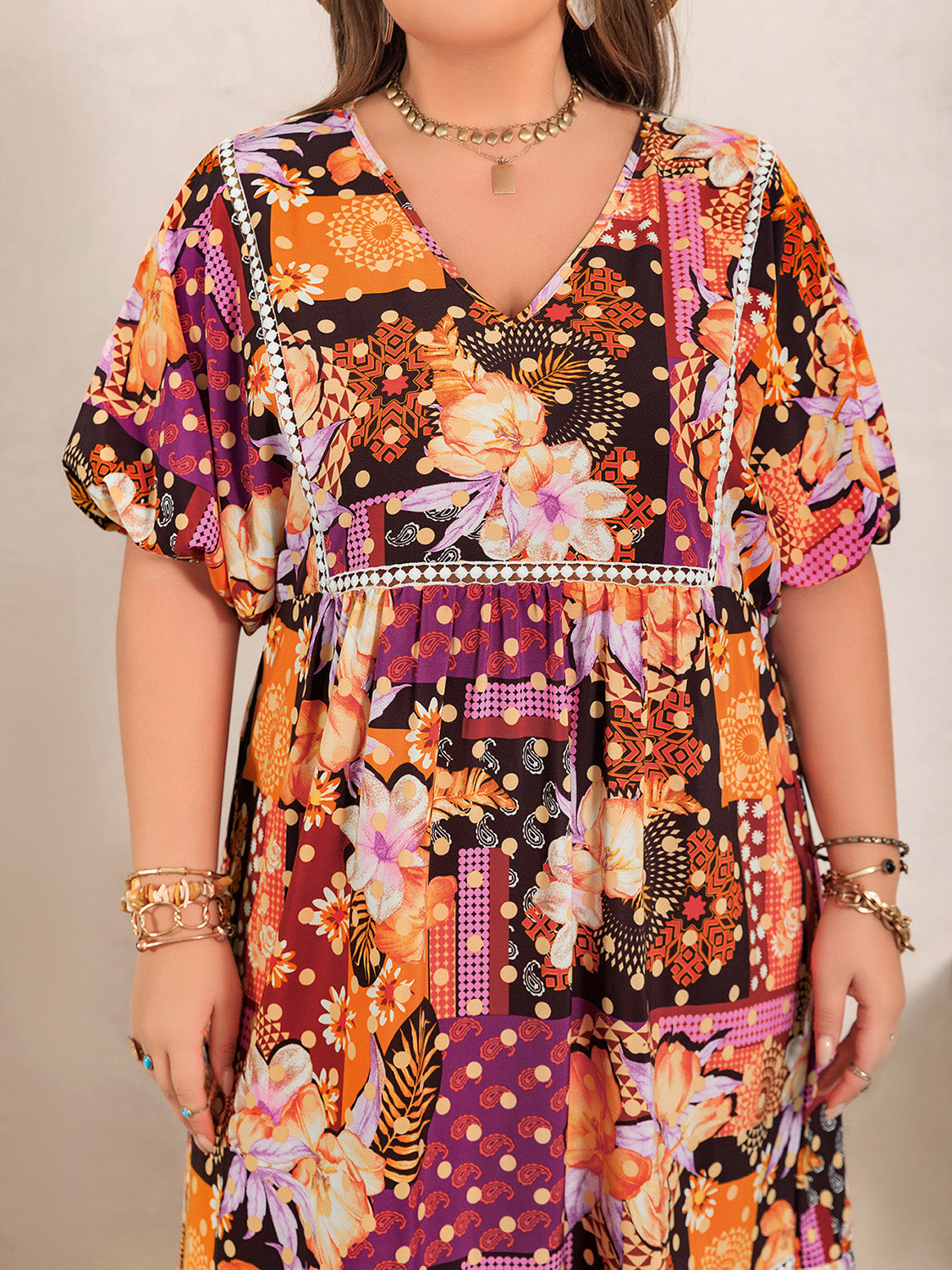 Plus Size Printed V-Neck Half Sleeve Maxi Dress Trendsi
