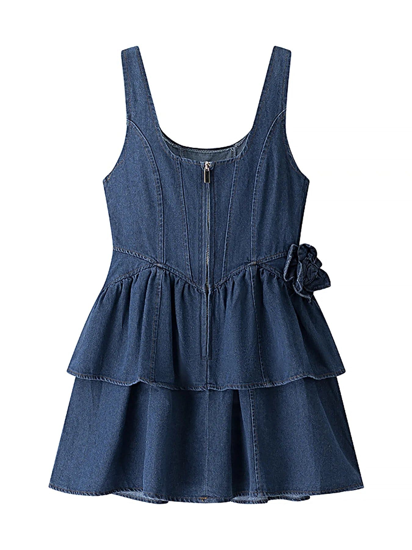 Floral Ruffle Layered Denim Dress -