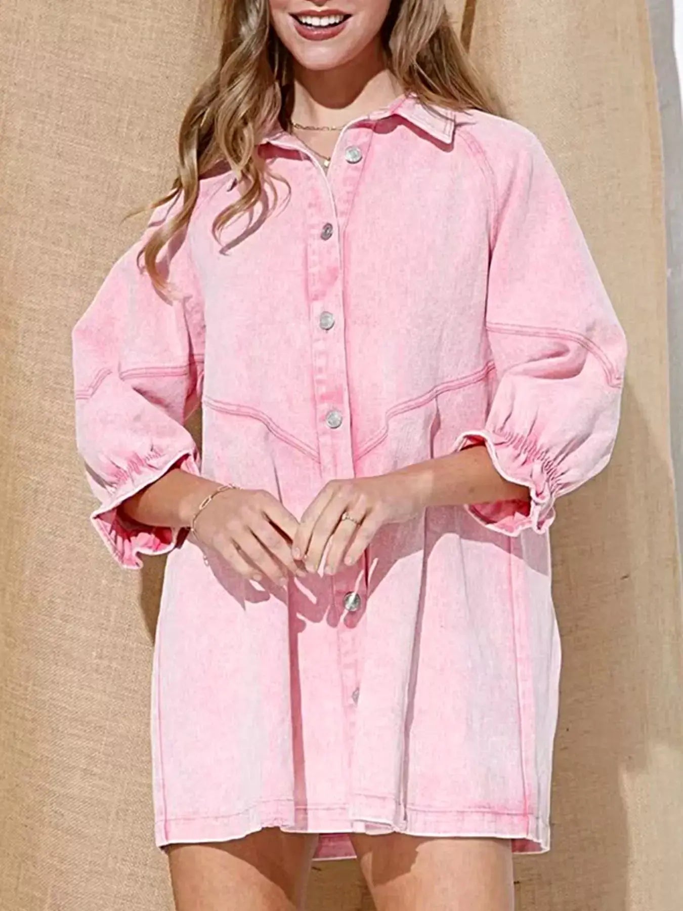 Ruffled Cuff Button-Down Denim Dress -