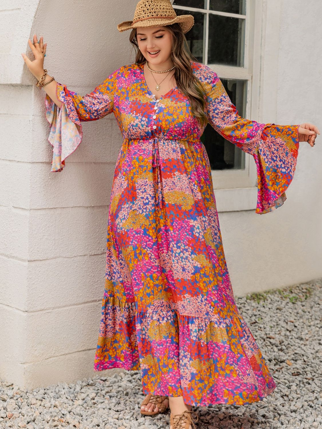 Plus Size Printed V-Neck Long Sleeve Maxi Dress Trendsi