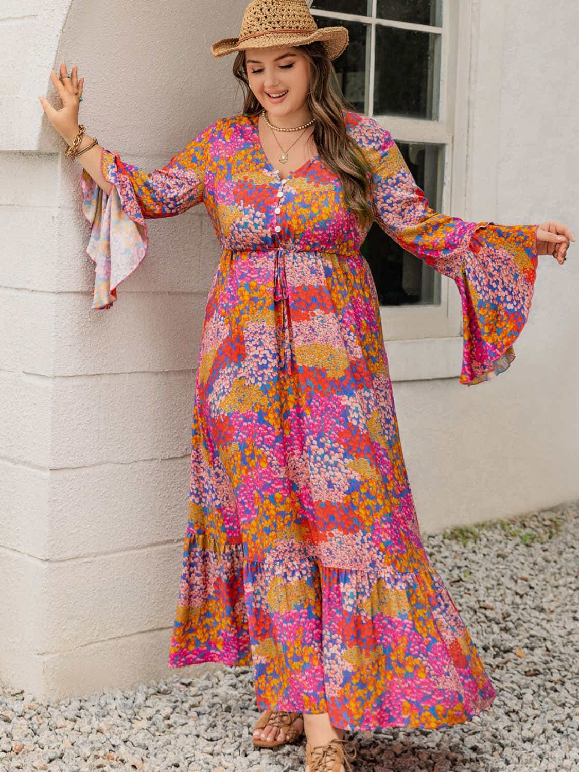 Plus Size Printed V-Neck Long Sleeve Maxi Dress Trendsi