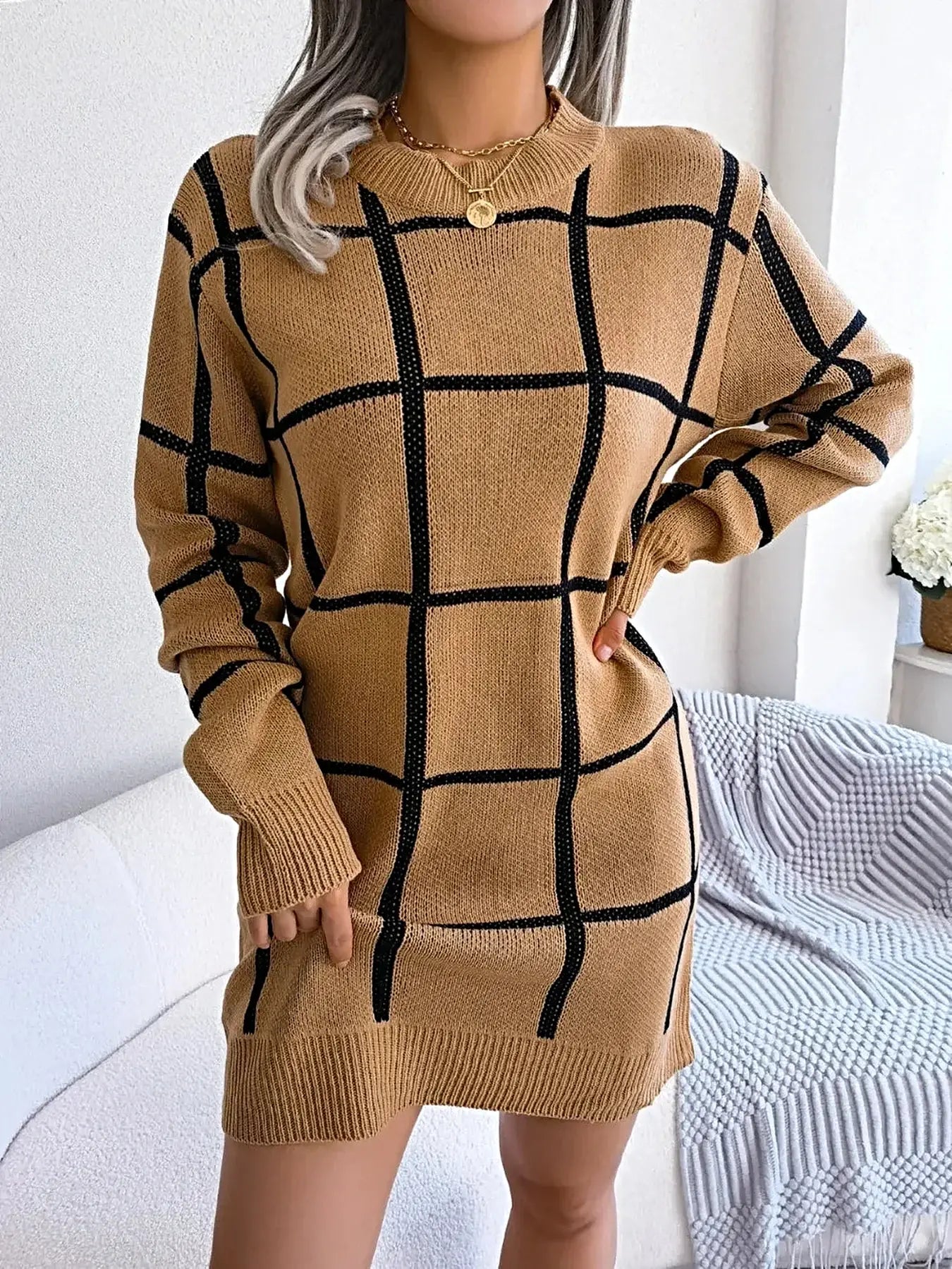 Plaid Round Neck Dropped Shoulder Sweater Dress -