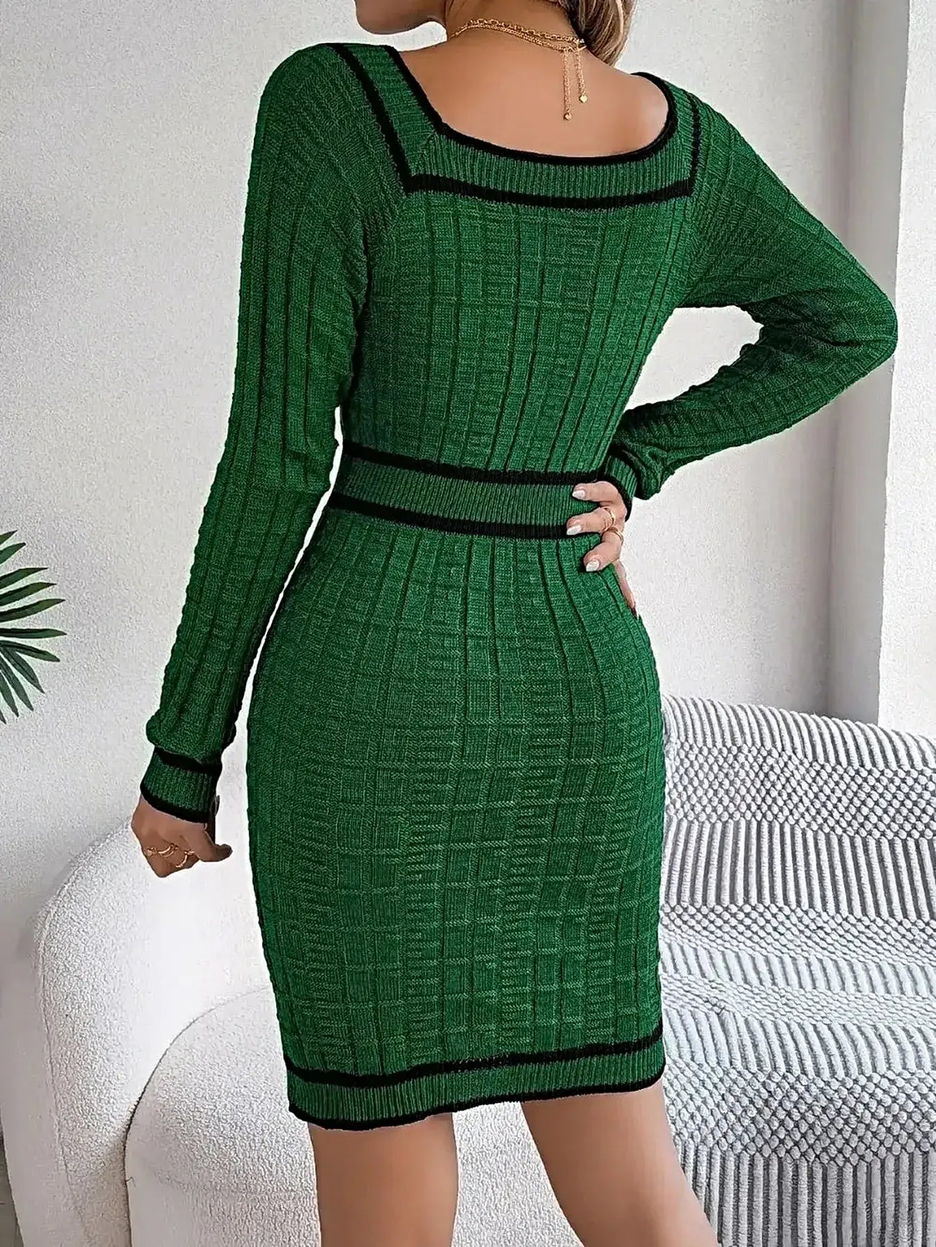 Contrast Trim Long Sleeve Sweater Dress -