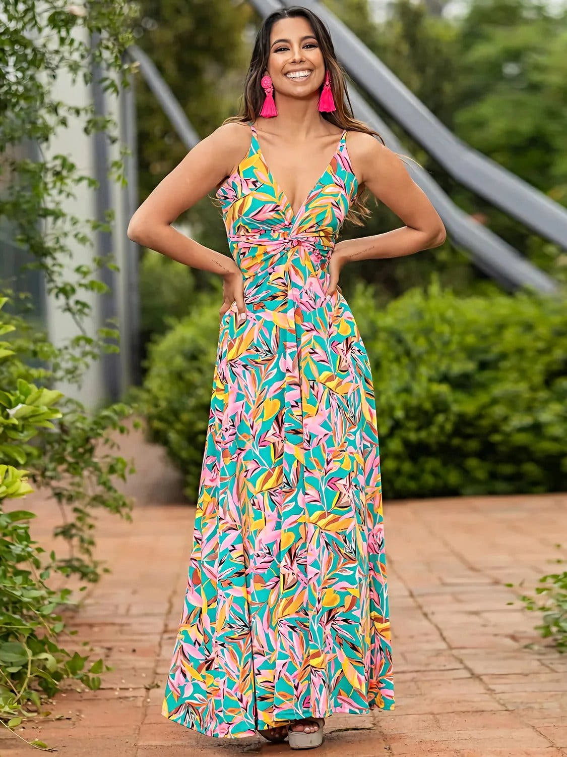 Twisted Printed V-Neck Cami Dress -