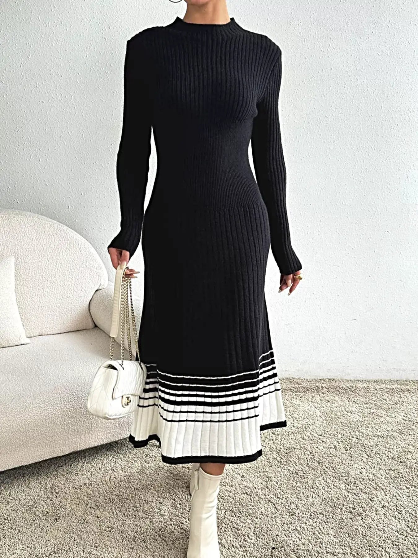 Ribbed Knit Sweater Dress with Striped Hem -