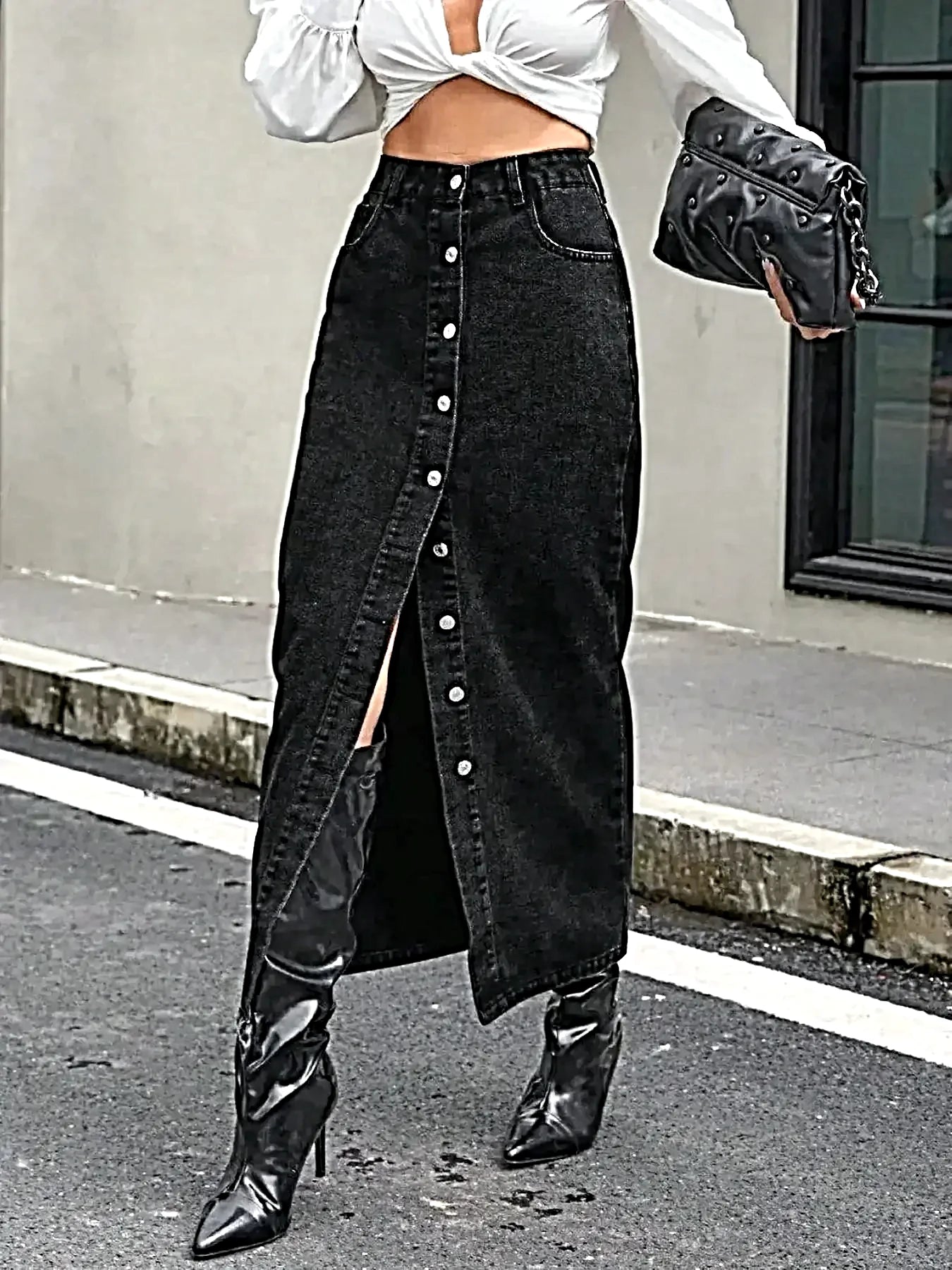 Button Front Denim Skirt -