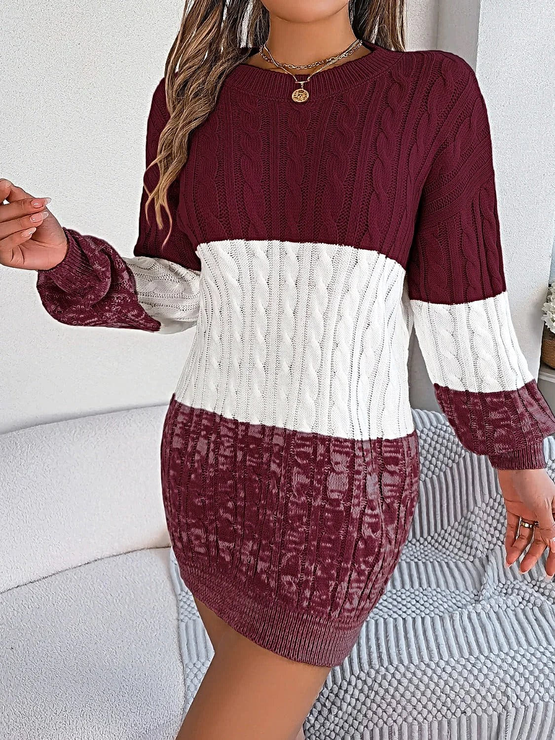 Cable-Knit Round Neck Color Block Sweater Dress -