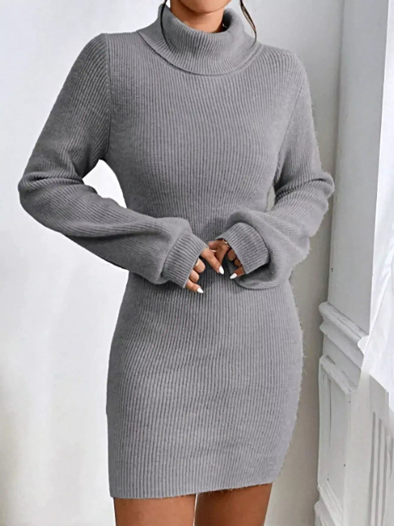 Women's Ribbed Turtleneck Sweater Dress - Stretch Knit For Elegant Cold-Weather Style -
