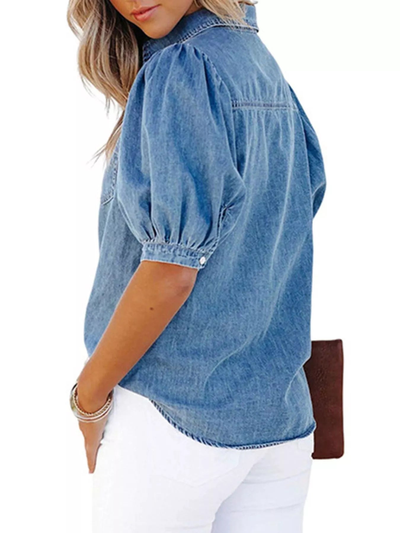 Puff Sleeve Button-Down Denim Top -