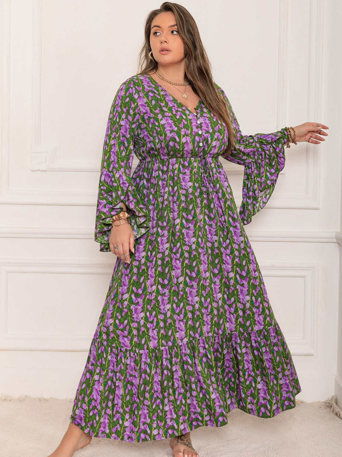 Plus Size Printed V-Neck Long Sleeve Maxi Dress Trendsi