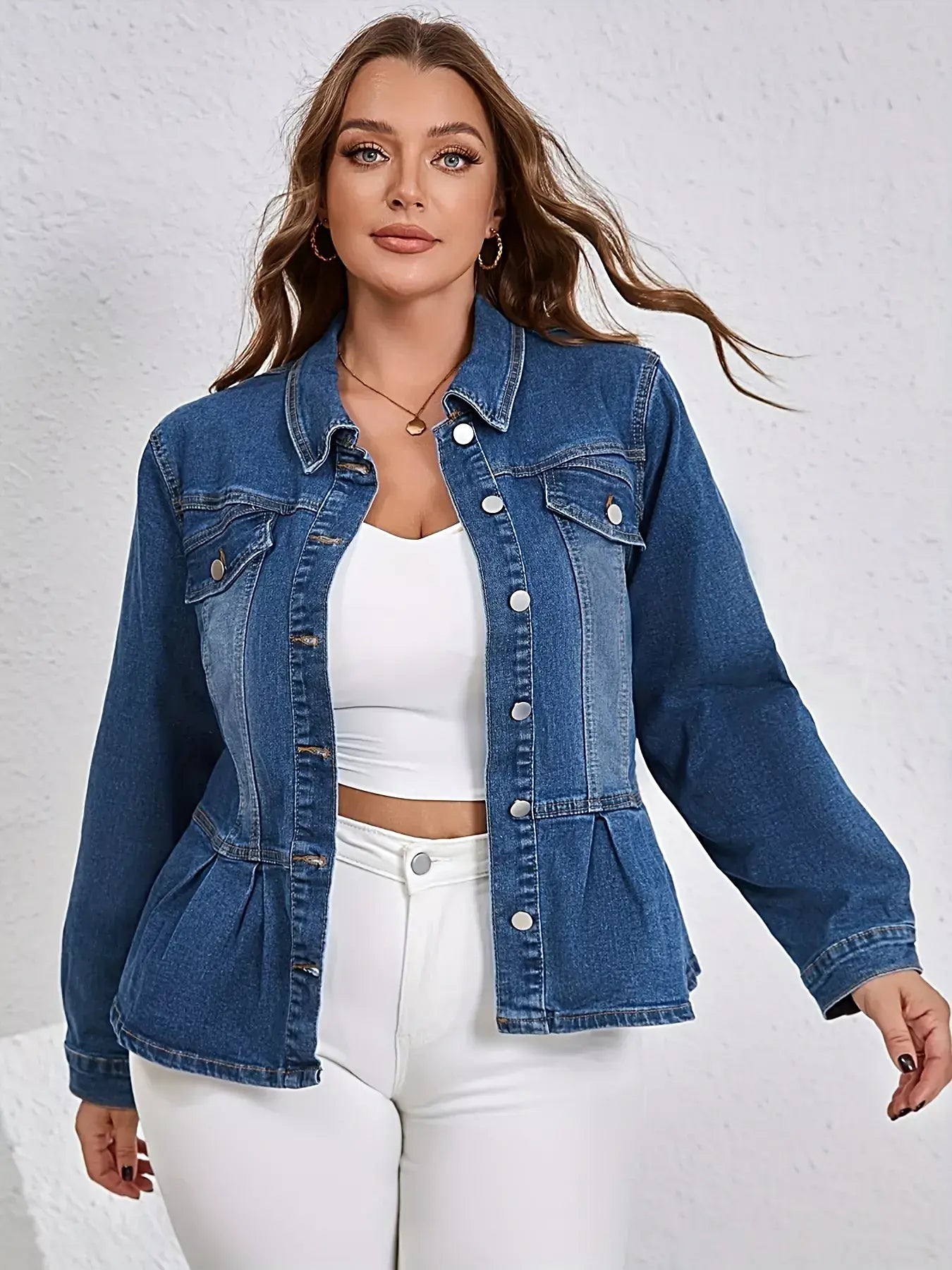 Plus Size Button-Up Peplum Denim Jacket -