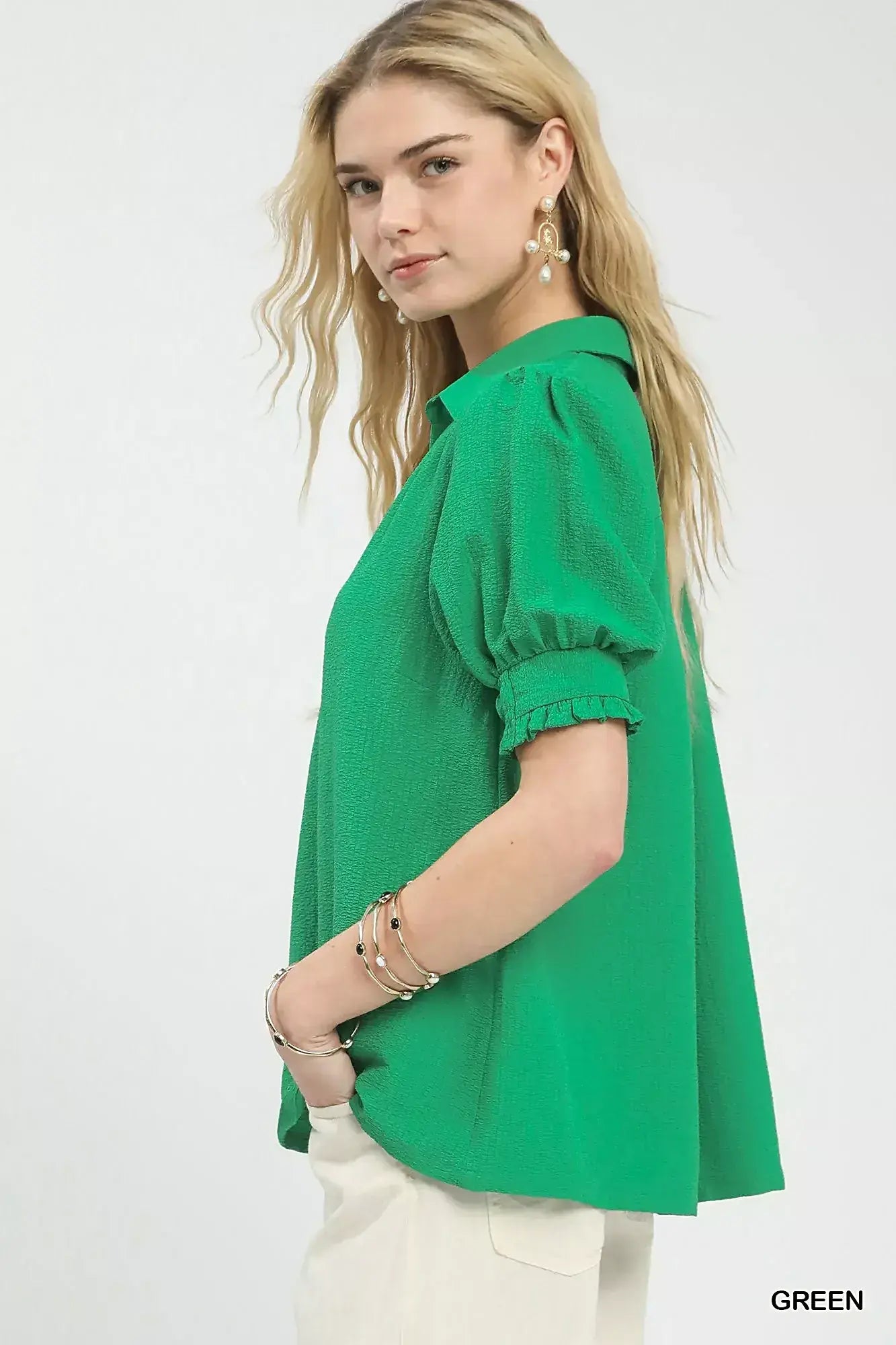 Elegant Seersucker Blouse with Puff Sleeves and Split V-Neck Design, 100% Polyester -