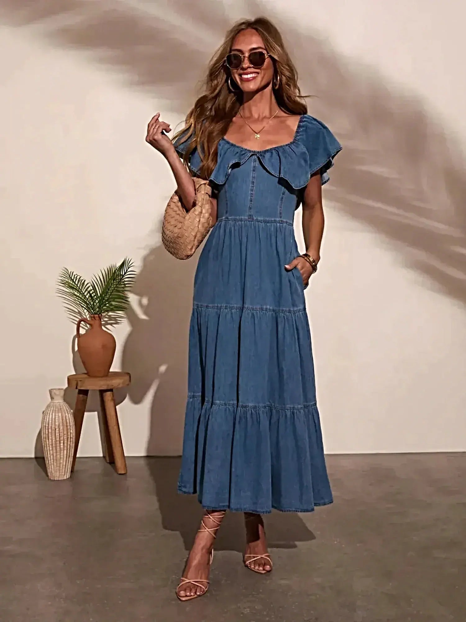 Off Shoulder Ruffle Tiered Denim Dress -