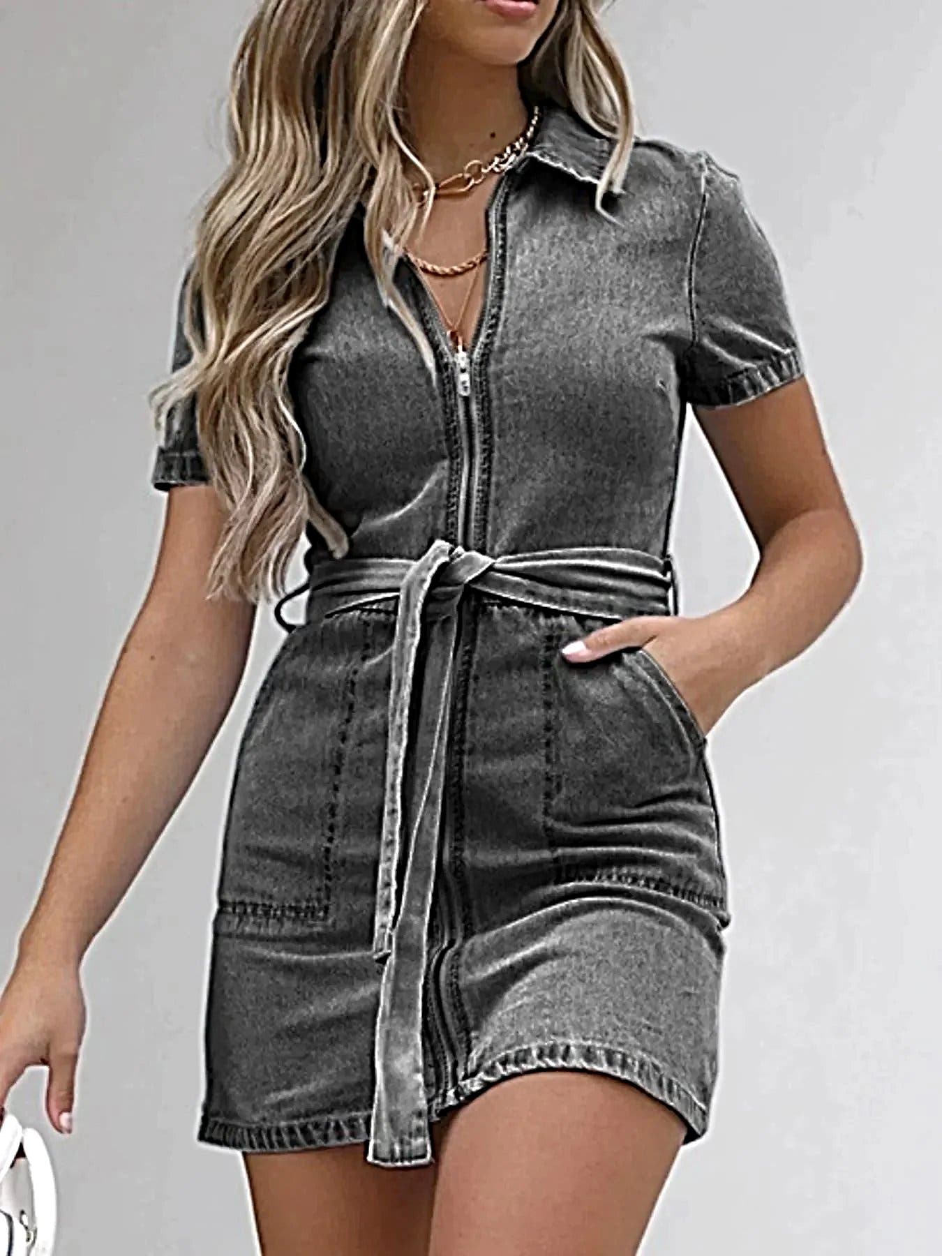 Zip Front Short Sleeve Denim Dress -