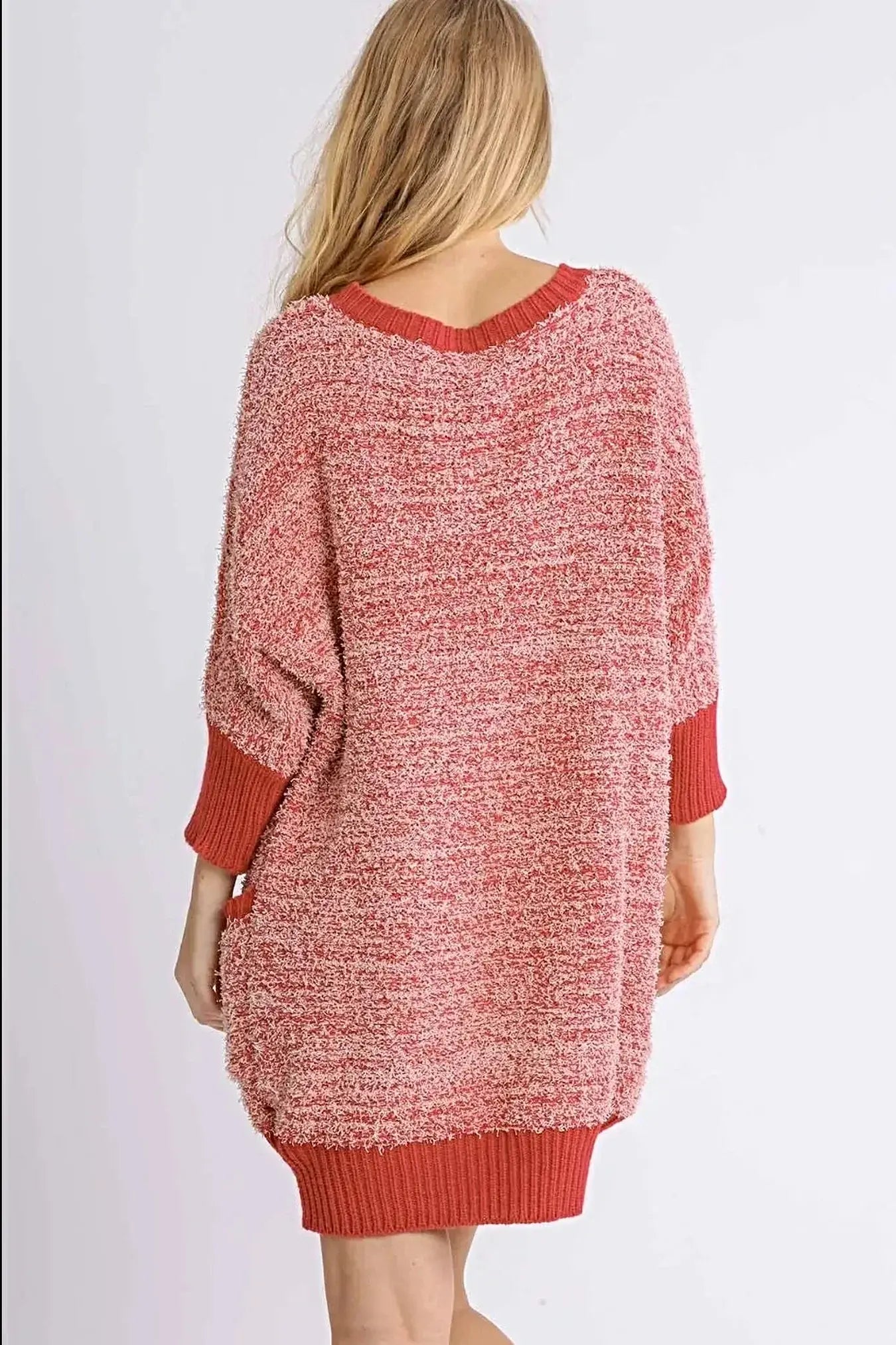 Ribbed Hem Round Neck 3/4 Sleeve Sweater Dress with Pockets -