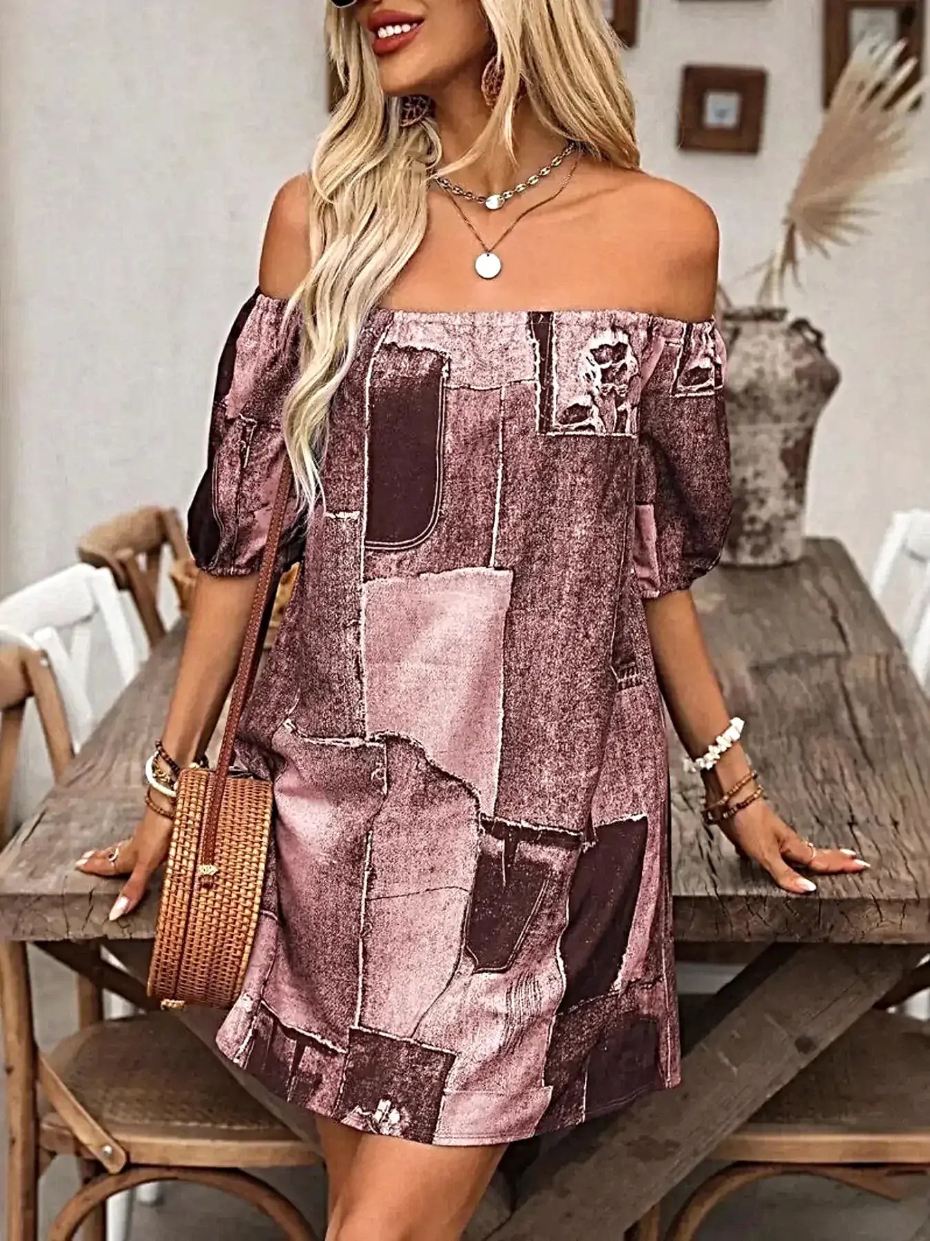 Elegant Off Shoulder Denim Dress - Patchwork Design, Classic Mini Style, 100% Polyester -