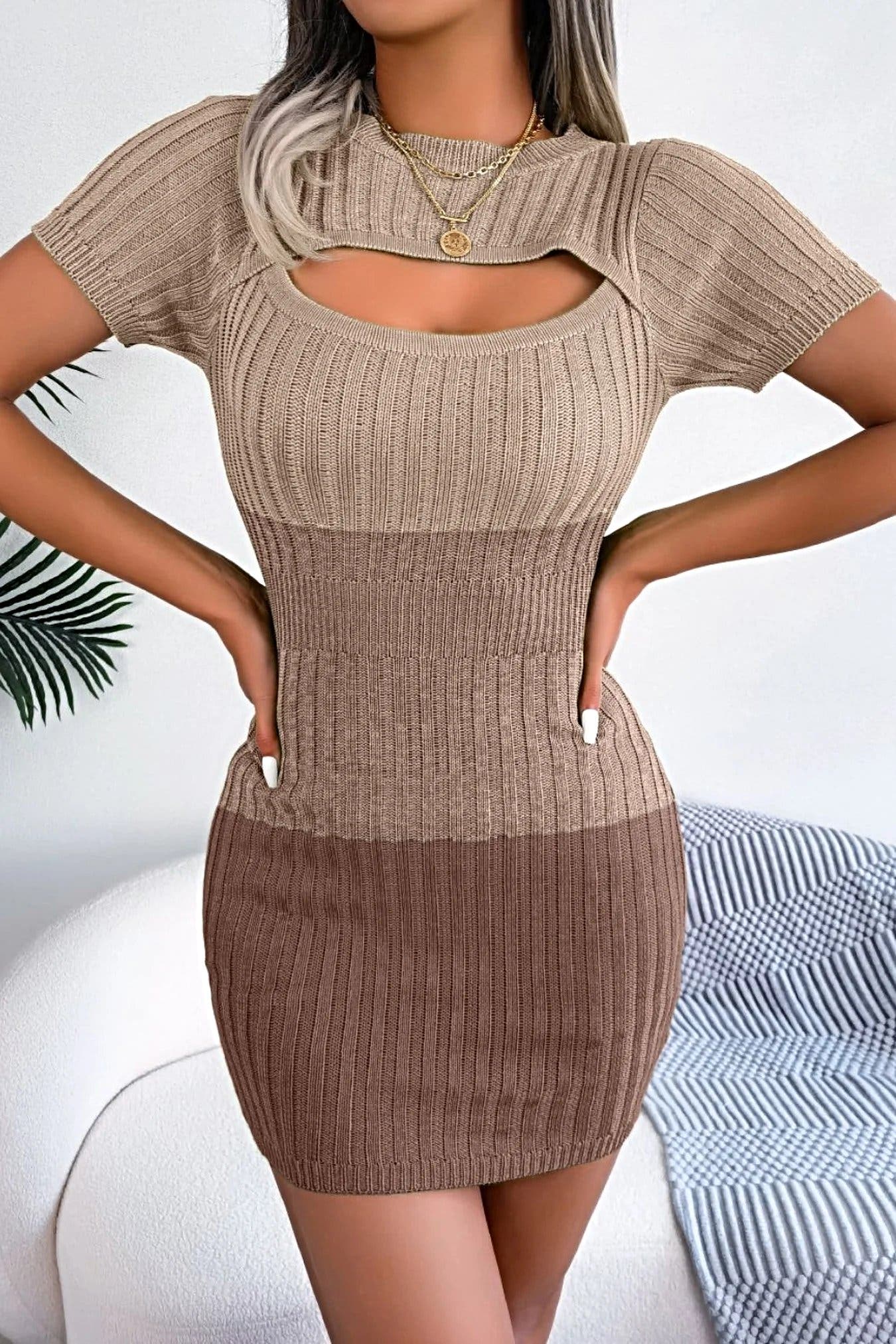 Color Block Cutout Short Sleeve Sweater Dress -