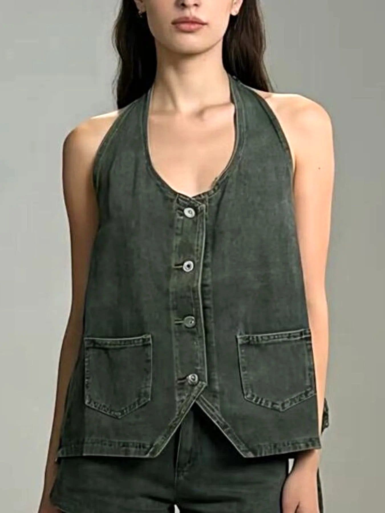 Halter Neck Button-Down Denim Vest -