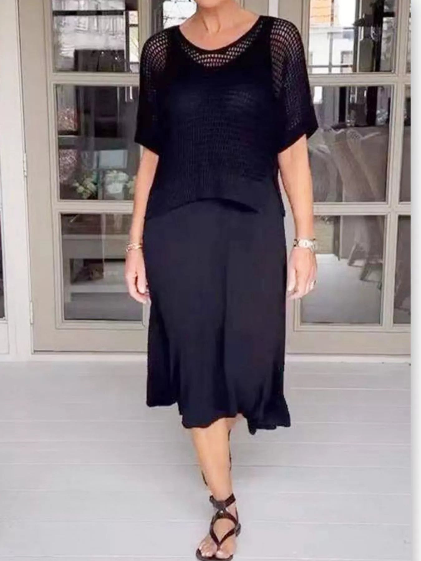 Full Size Openwork Knit Cover Up and Dress Set Plus Size -