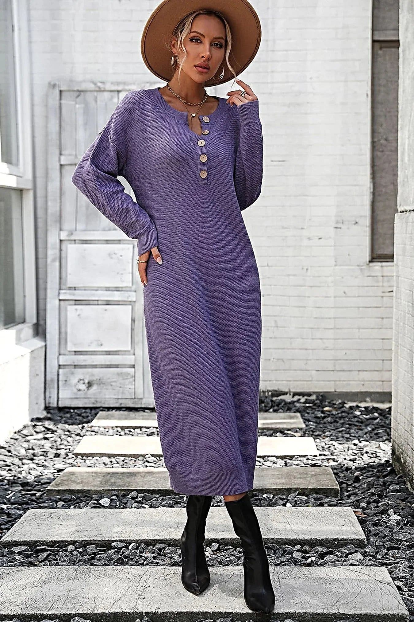 Notched Neck Dropped Shoulder Button-Down Midi Dress -