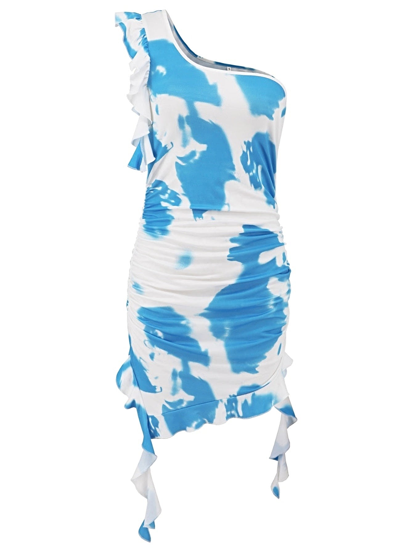 Ruffled Tie-Dye Single Shoulder Mini Dress -