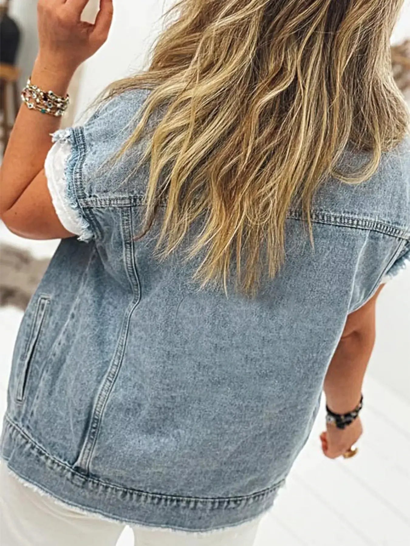 Button Flap Pocket Frayed Detail Denim Vest -